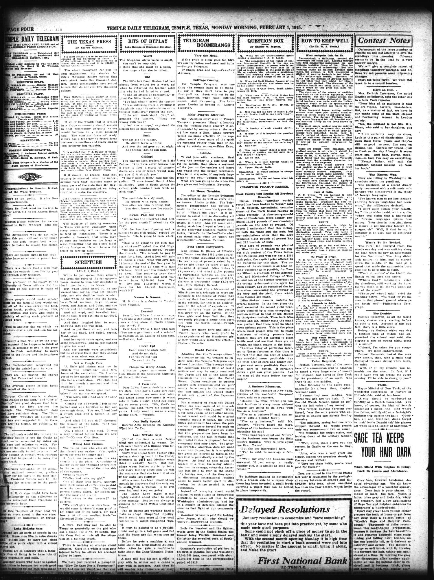 Temple Daily Telegram (Temple, Tex.), Vol. 8, No. 76, Ed. 1 Monday, February 1, 1915
                                                
                                                    [Sequence #]: 4 of 8
                                                