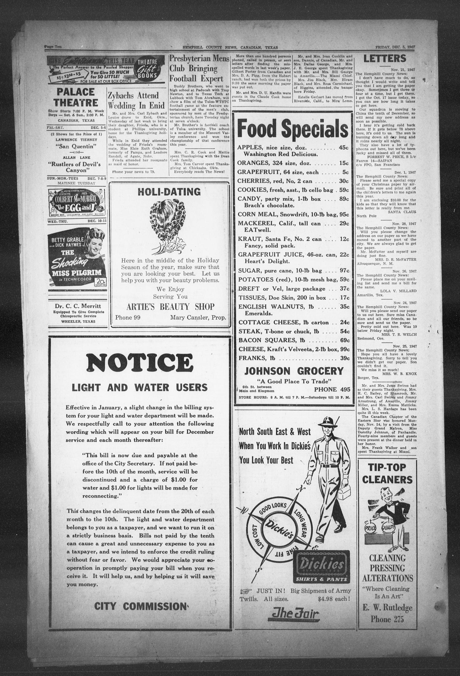 The Hemphill County News (Canadian, Tex), Vol. 10, No. 13, Ed. 1, Friday, December 5, 1947
                                                
                                                    10
                                                