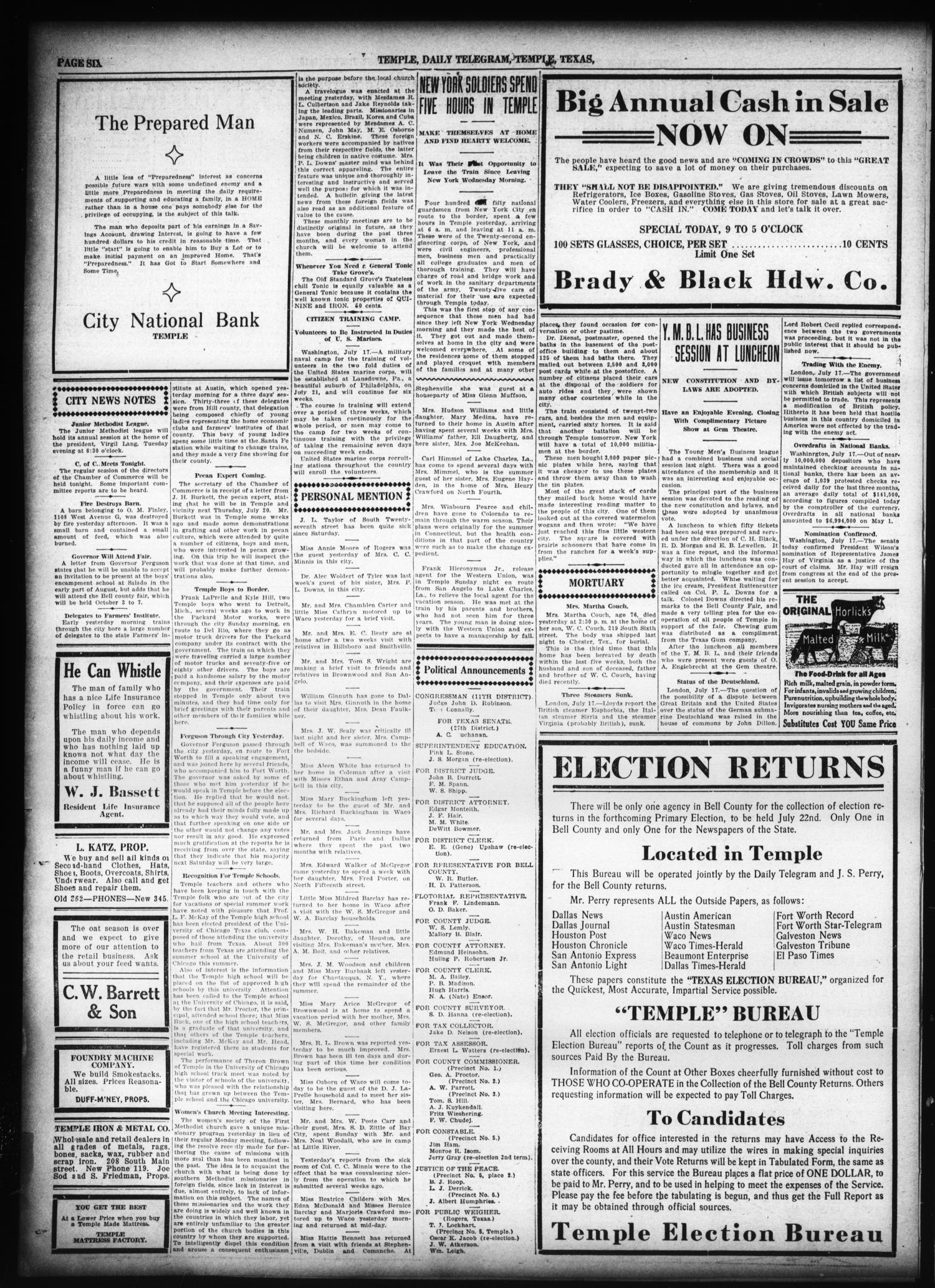 Temple Daily Telegram (Temple, Tex.), Vol. 9, No. 246, Ed. 1 Tuesday, July 18, 1916
                                                
                                                    [Sequence #]: 6 of 8
                                                