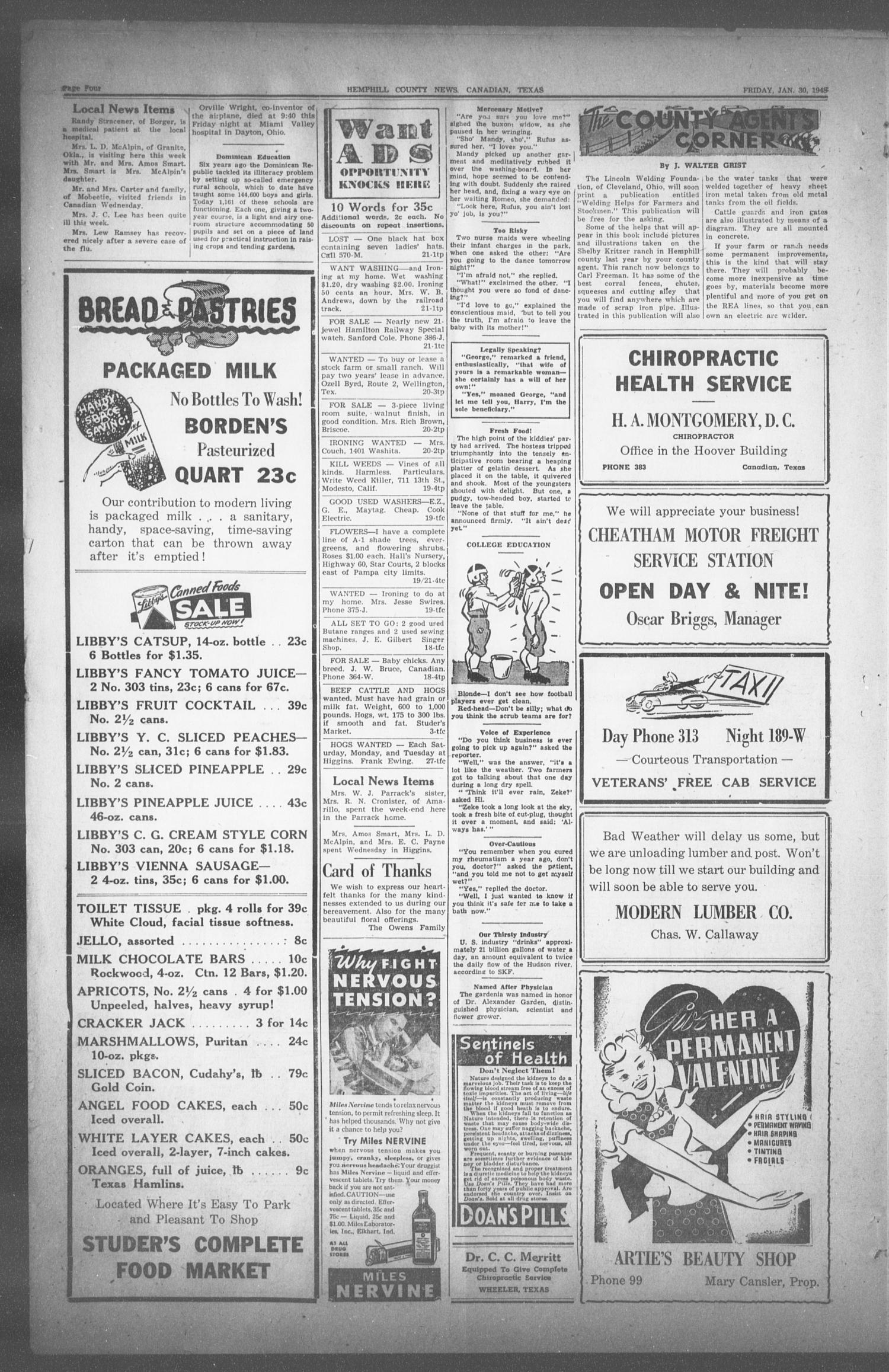 The Hemphill County News (Canadian, Tex), Vol. 10, No. 21, Ed. 1, Friday, January 30, 1948
                                                
                                                    4
                                                