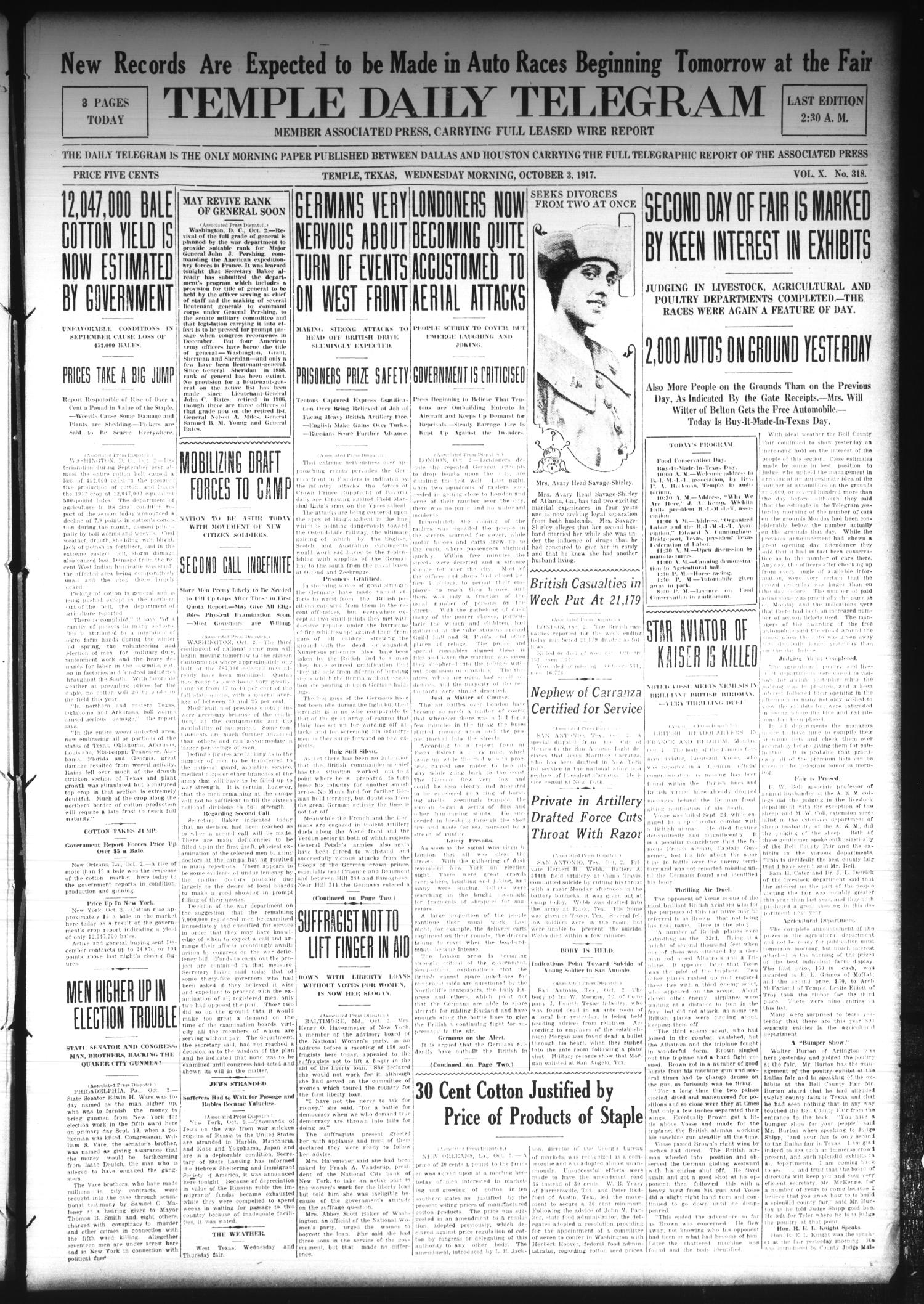 Temple Daily Telegram (Temple, Tex.), Vol. 10, No. 318, Ed. 1 Wednesday, October 3, 1917
                                                
                                                    [Sequence #]: 1 of 8
                                                