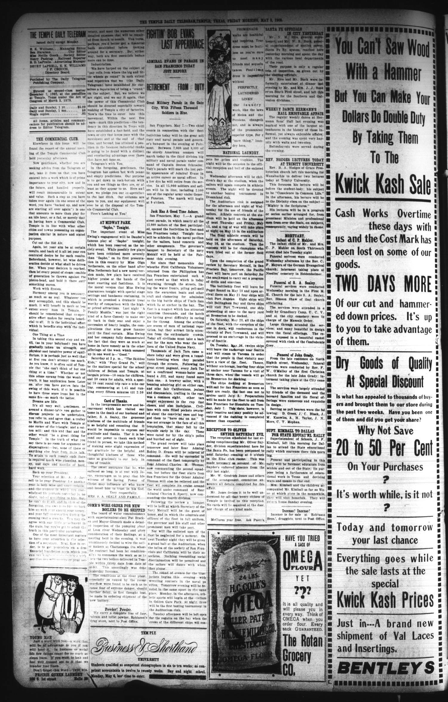 The Temple Daily Telegram (Temple, Tex.), Vol. 1, No. 148, Ed. 1 Friday, May 8, 1908
                                                
                                                    [Sequence #]: 2 of 4
                                                
