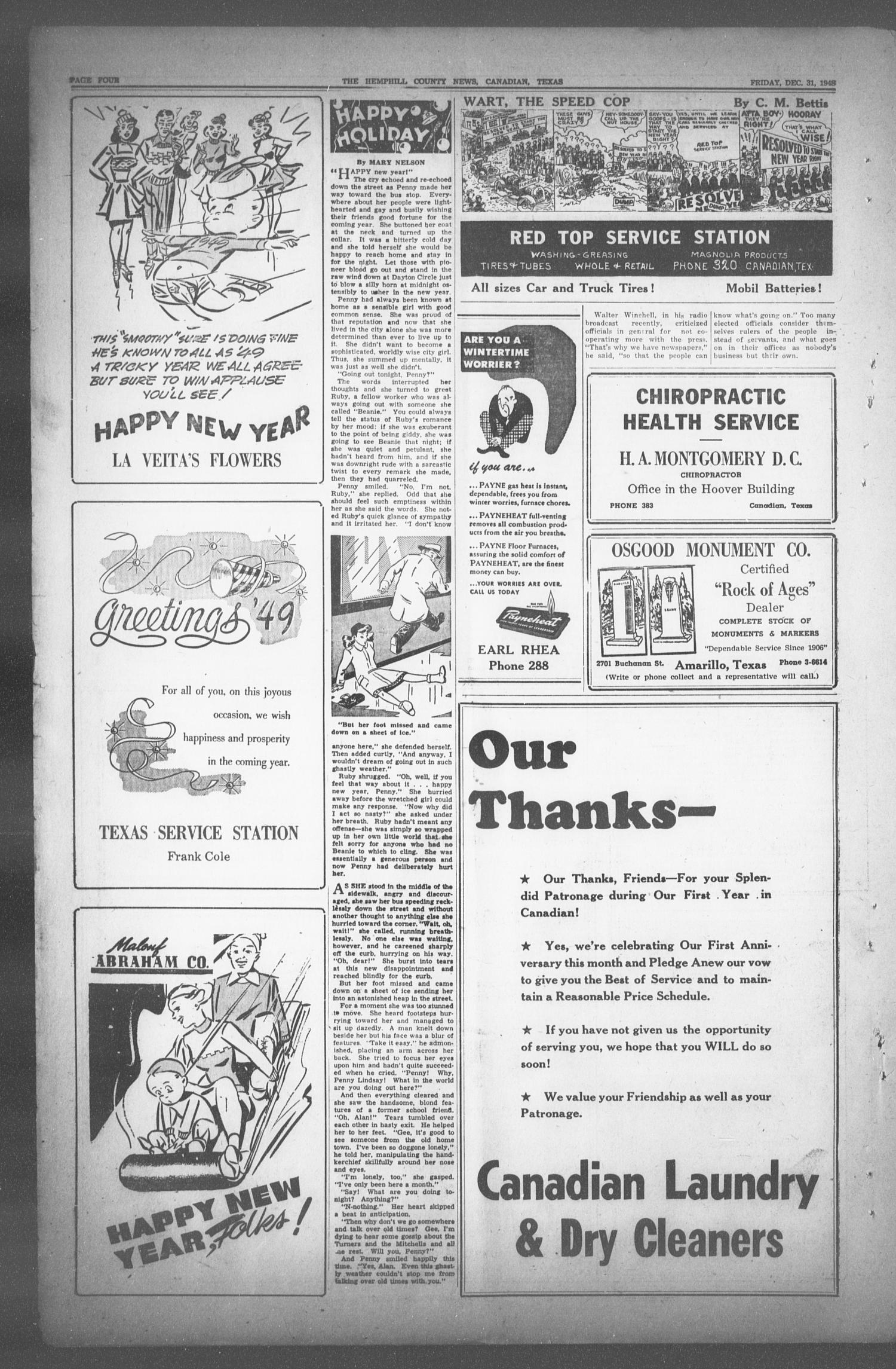 The Hemphill County News (Canadian, Tex), Vol. 11, No. 17, Ed. 1, Friday, December 31, 1948
                                                
                                                    4
                                                