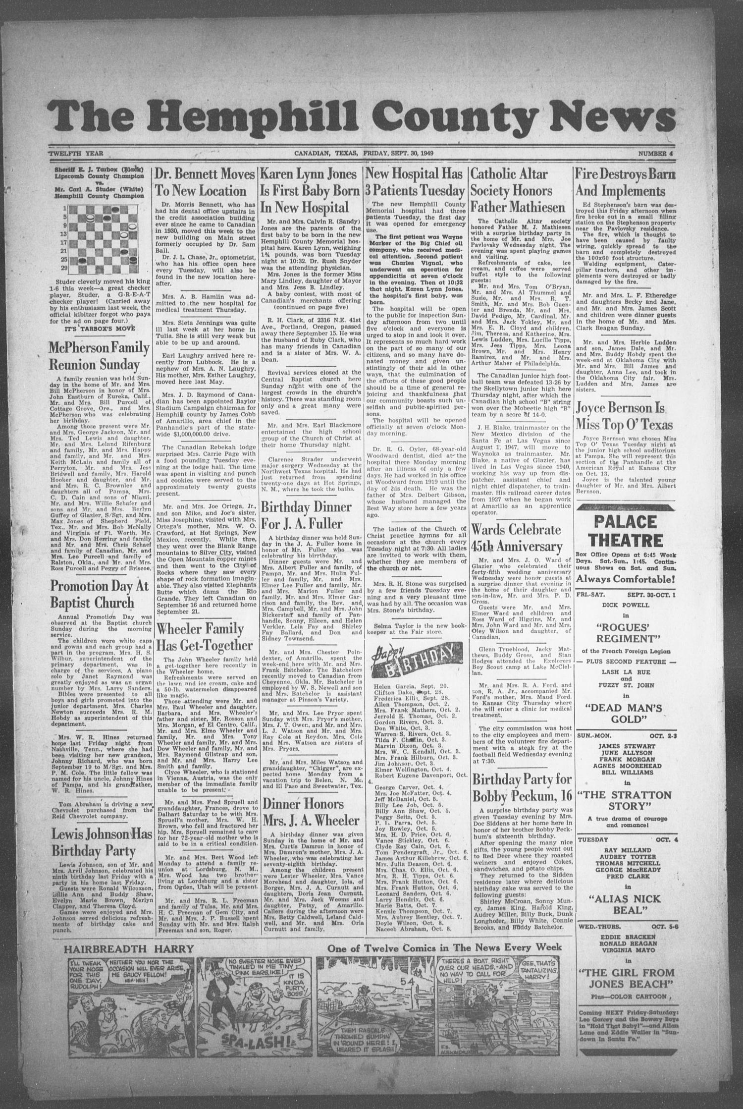 The Hemphill County News (Canadian, Tex), Vol. 12, No. 4, Ed. 1, Friday, September 30, 1949
                                                
                                                    1
                                                