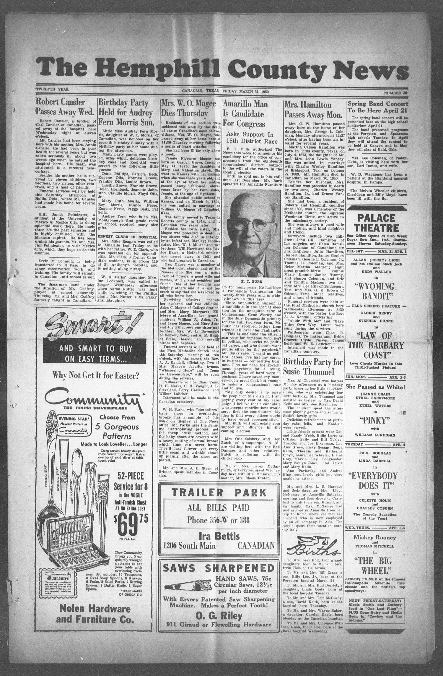The Hemphill County News (Canadian, Tex), Vol. TWELFTH YEAR, No. 30, Ed. 1, Friday, March 31, 1950
                                                
                                                    1
                                                
