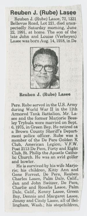 Primary view of object titled '[Obituary for Reuben J. Lasee]'.