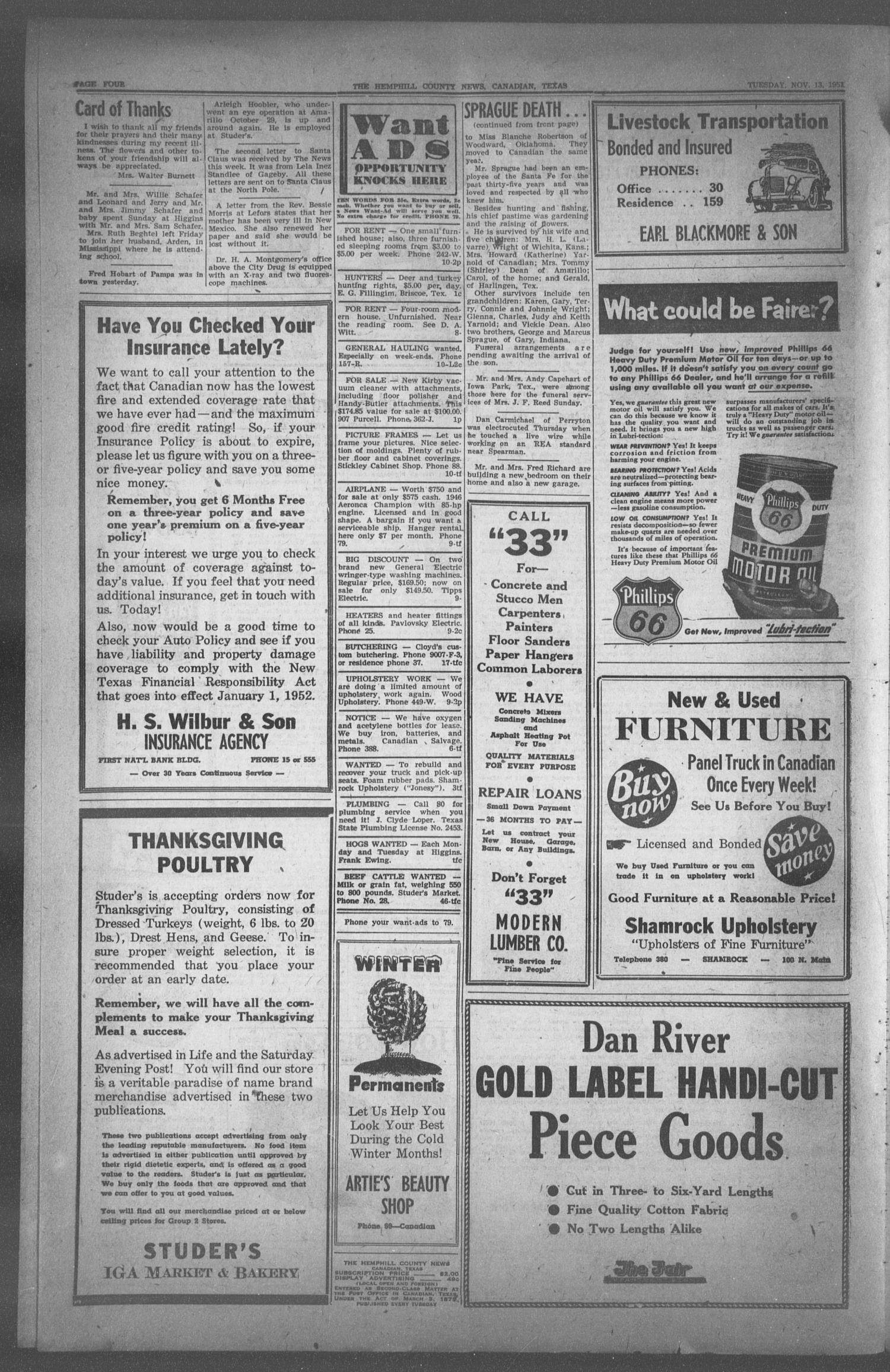 The Hemphill County News (Canadian, Tex), Vol. FOURTEENTH YEAR, No. 10, Ed. 1, Tuesday, November 13, 1951
                                                
                                                    4
                                                