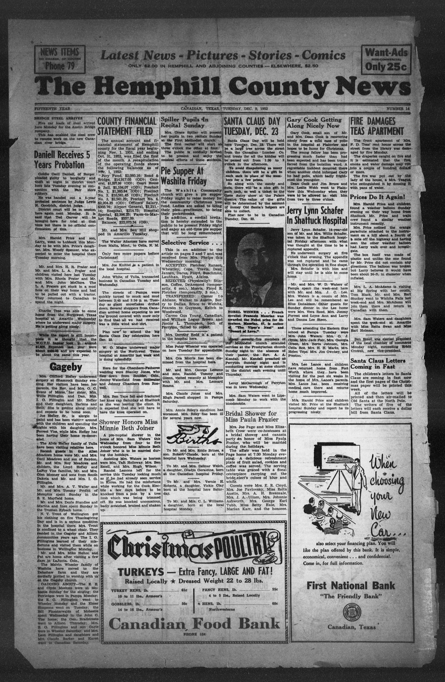 The Hemphill County News (Canadian, Tex), Vol. 15, No. 14, Ed. 1, Tuesday, December 9, 1952
                                                
                                                    1
                                                