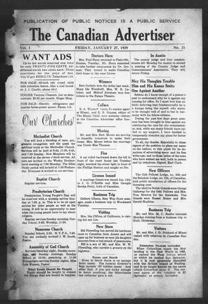 Primary view of object titled 'The Canadian Advertiser (Canadian, Tex), Vol. 1, No. 21, Ed. 1, Friday, January 27, 1939'.