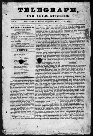 Primary view of object titled 'Telegraph and Texas Register (San Felipe de Austin [i.e. San Felipe], Tex.), Vol. 1, No. 1, Ed. 1, Saturday, October 10, 1835'.