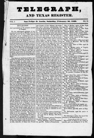 Primary view of object titled 'Telegraph and Texas Register (San Felipe de Austin [i.e. San Felipe], Tex.), Vol. 1, No. 16, Ed. 1, Saturday, February 20, 1836'.