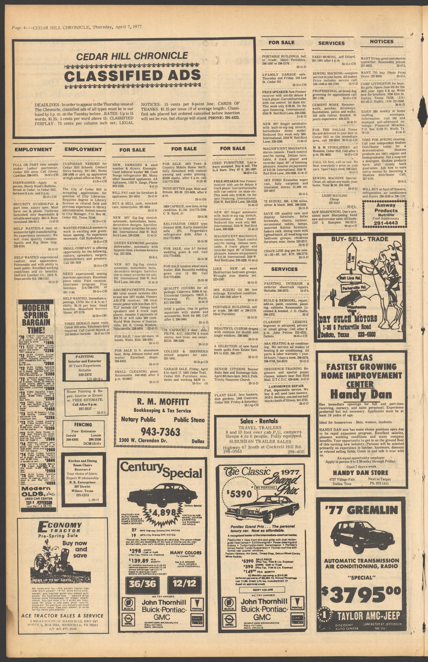 Cedar Hill Chronicle (Cedar Hill, Tex.), Vol. 13, No. 33, Ed. 1 Thursday, April 7, 1977
                                                
                                                    [Sequence #]: 4 of 20
                                                