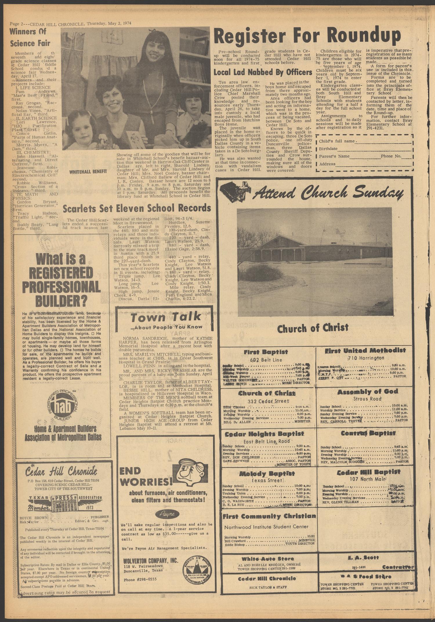 Cedar Hill Chronicle (Cedar Hill, Tex.), Vol. 9, No. 36, Ed. 1 Thursday, May 2, 1974
                                                
                                                    [Sequence #]: 2 of 15
                                                