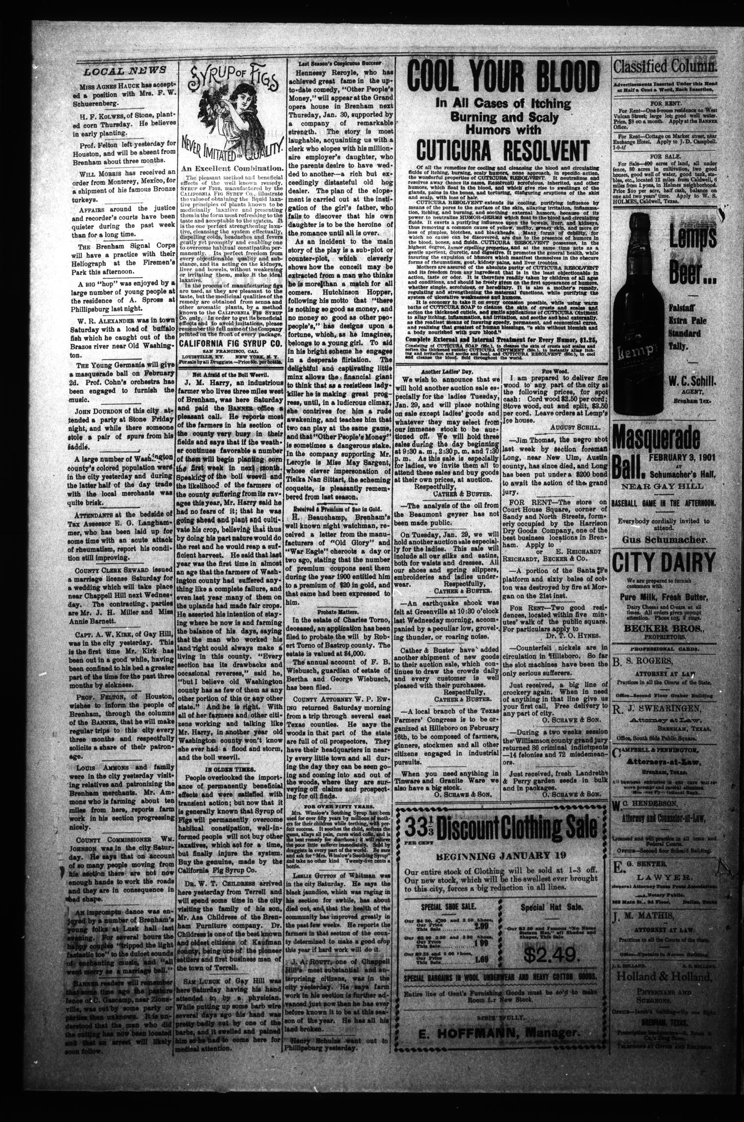 Brenham Daily Banner. (Brenham, Tex.), Vol. 26, No. 24, Ed. 1 Sunday, January 27, 1901
                                                
                                                    [Sequence #]: 4 of 4
                                                