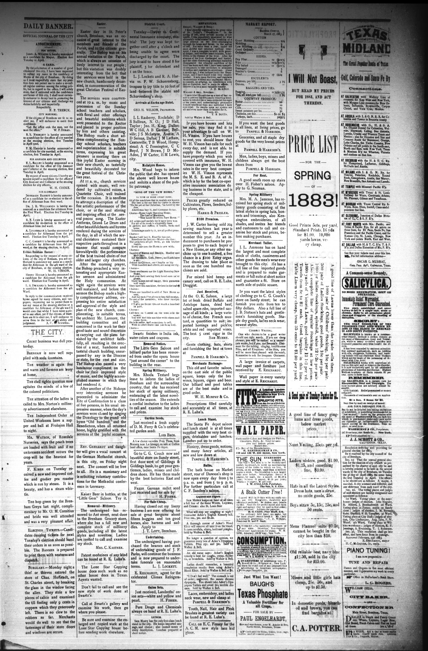 Brenham Daily Banner. (Brenham, Tex.), Vol. 8, No. 74, Ed. 1 Wednesday, March 28, 1883
                                                
                                                    [Sequence #]: 3 of 4
                                                