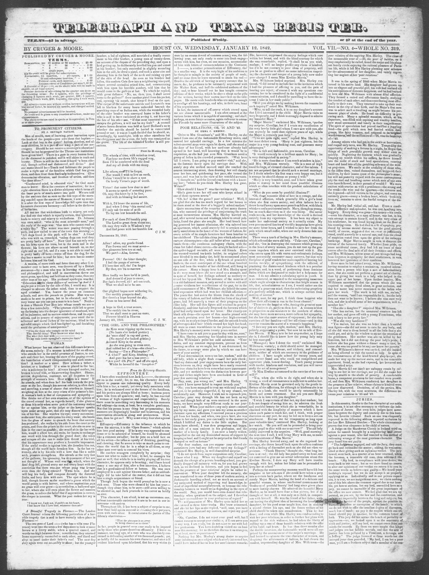 Telegraph and Texas Register (Houston, Tex.), Vol. 7, No. 4, Ed. 1, Wednesday, January 12, 1842
                                                
                                                    [Sequence #]: 1 of 4
                                                