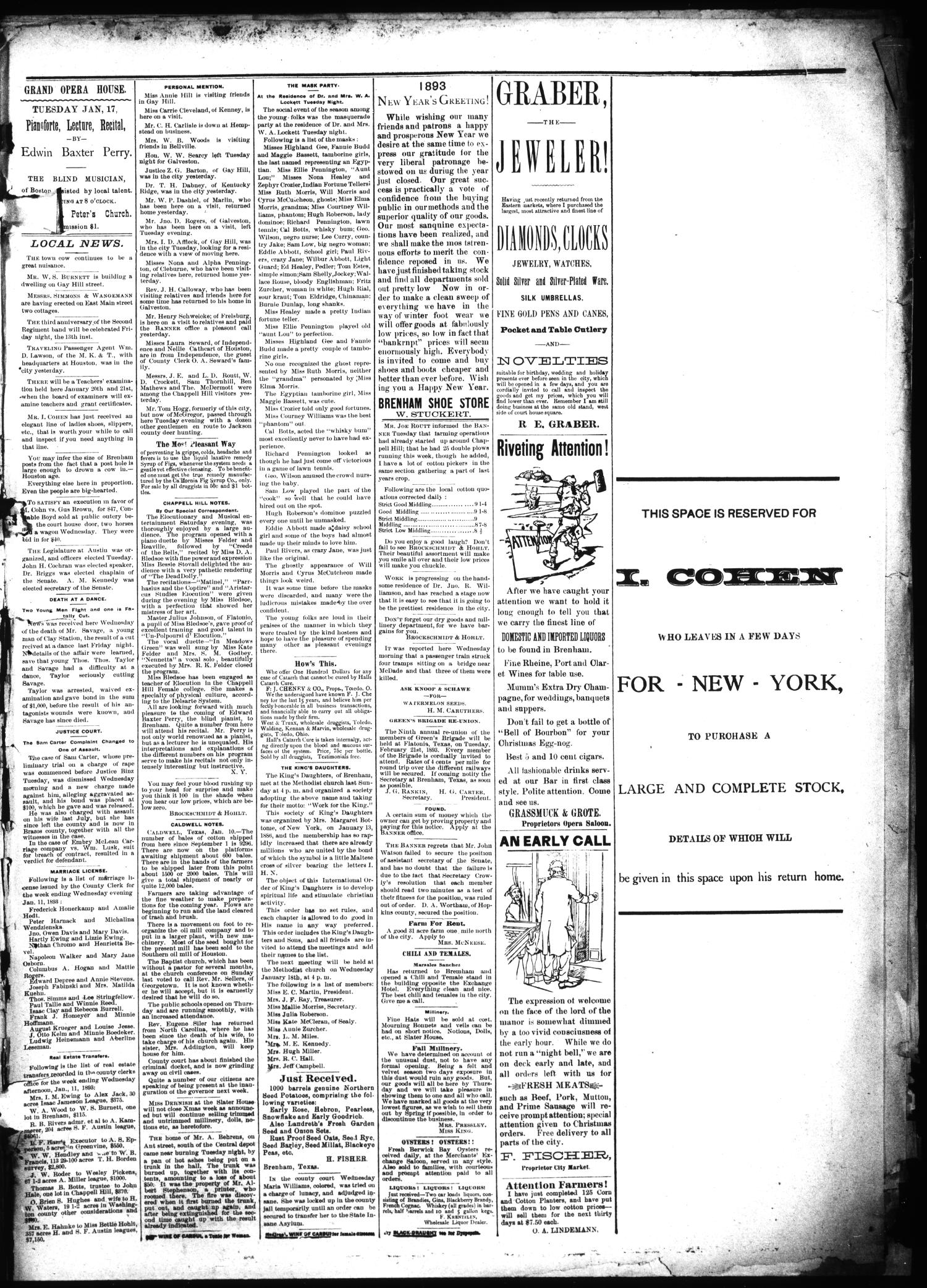 Brenham Daily Banner. (Brenham, Tex.), Vol. 18, No. 10, Ed. 1 Thursday, January 12, 1893
                                                
                                                    [Sequence #]: 3 of 4
                                                