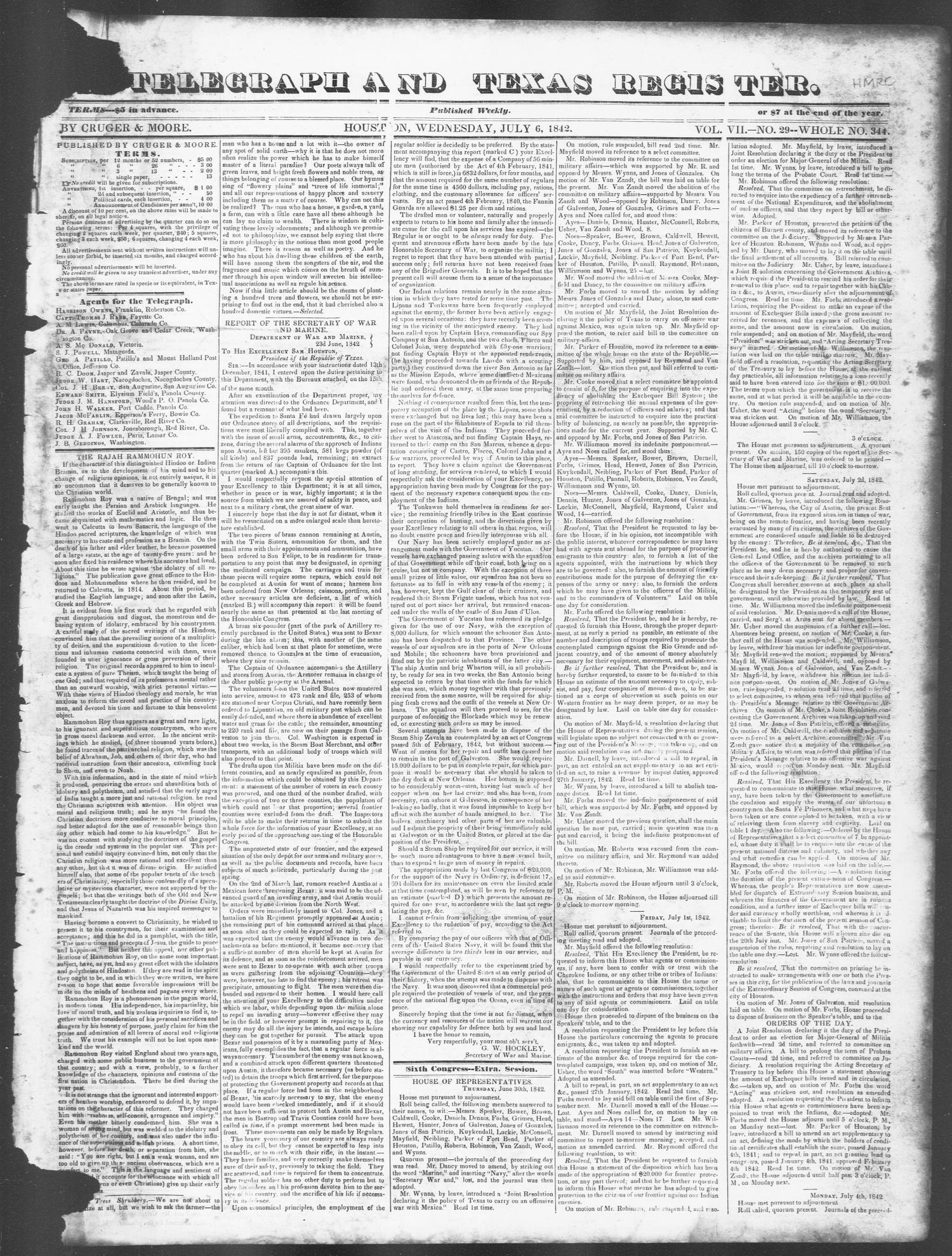 Telegraph and Texas Register (Houston, Tex.), Vol. 7, No. 29, Ed. 1 ...