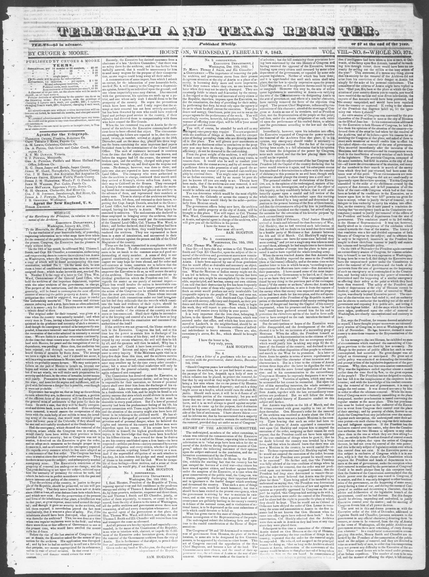 Telegraph and Texas Register (Houston, Tex.), Vol. 8, No. 8, Ed. 1, Wednesday, February 8, 1843
                                                
                                                    [Sequence #]: 1 of 4
                                                