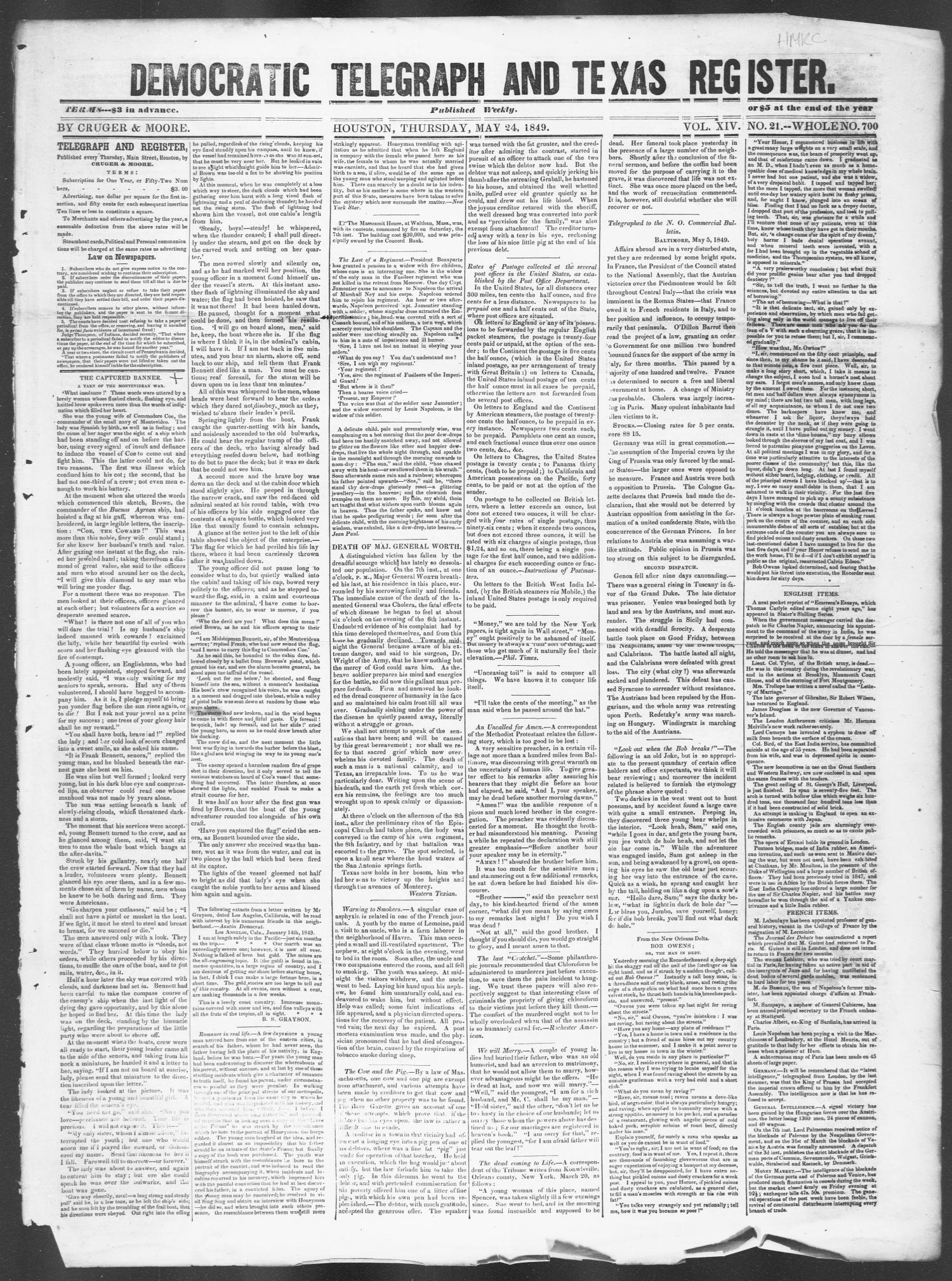 Democratic Telegraph and Texas Register (Houston, Tex.), Vol. 14, No. 21, Ed. 1, Thursday, May 24, 1849
                                                
                                                    [Sequence #]: 1 of 4
                                                