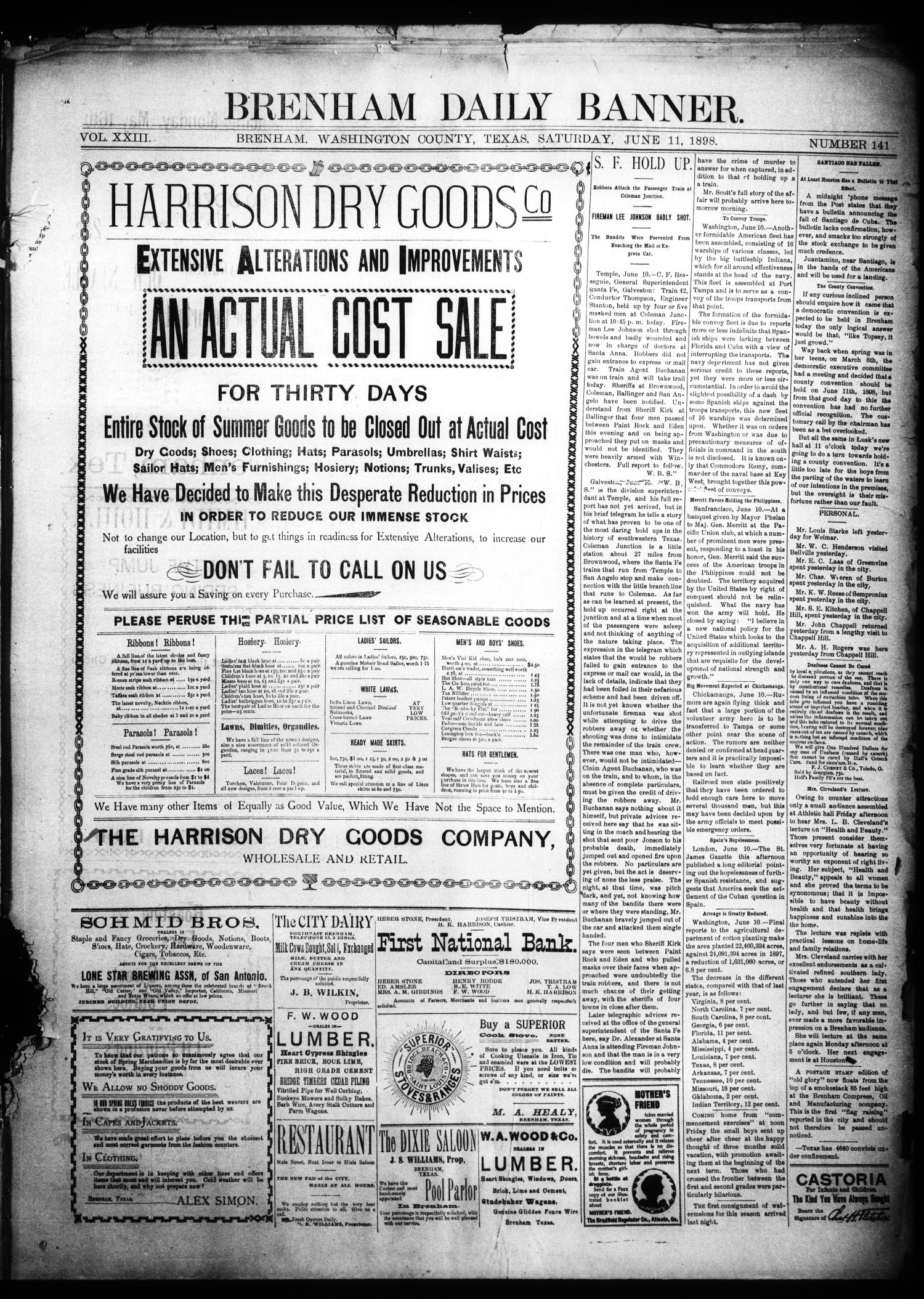 Brenham Daily Banner. (Brenham, Tex.), Vol. 23, No. 141, Ed. 1 Saturday, June 11, 1898
                                                
                                                    [Sequence #]: 1 of 4
                                                
