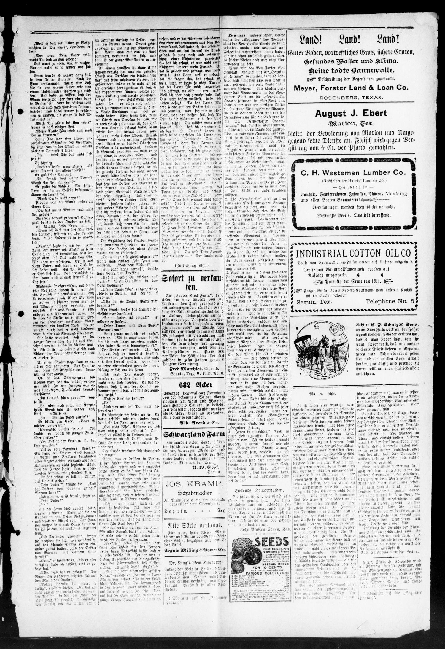 Seguiner Zeitung. (Seguin, Tex.), Vol. 22, No. 25, Ed. 1 Thursday, February 13, 1913
                                                
                                                    [Sequence #]: 7 of 8
                                                
