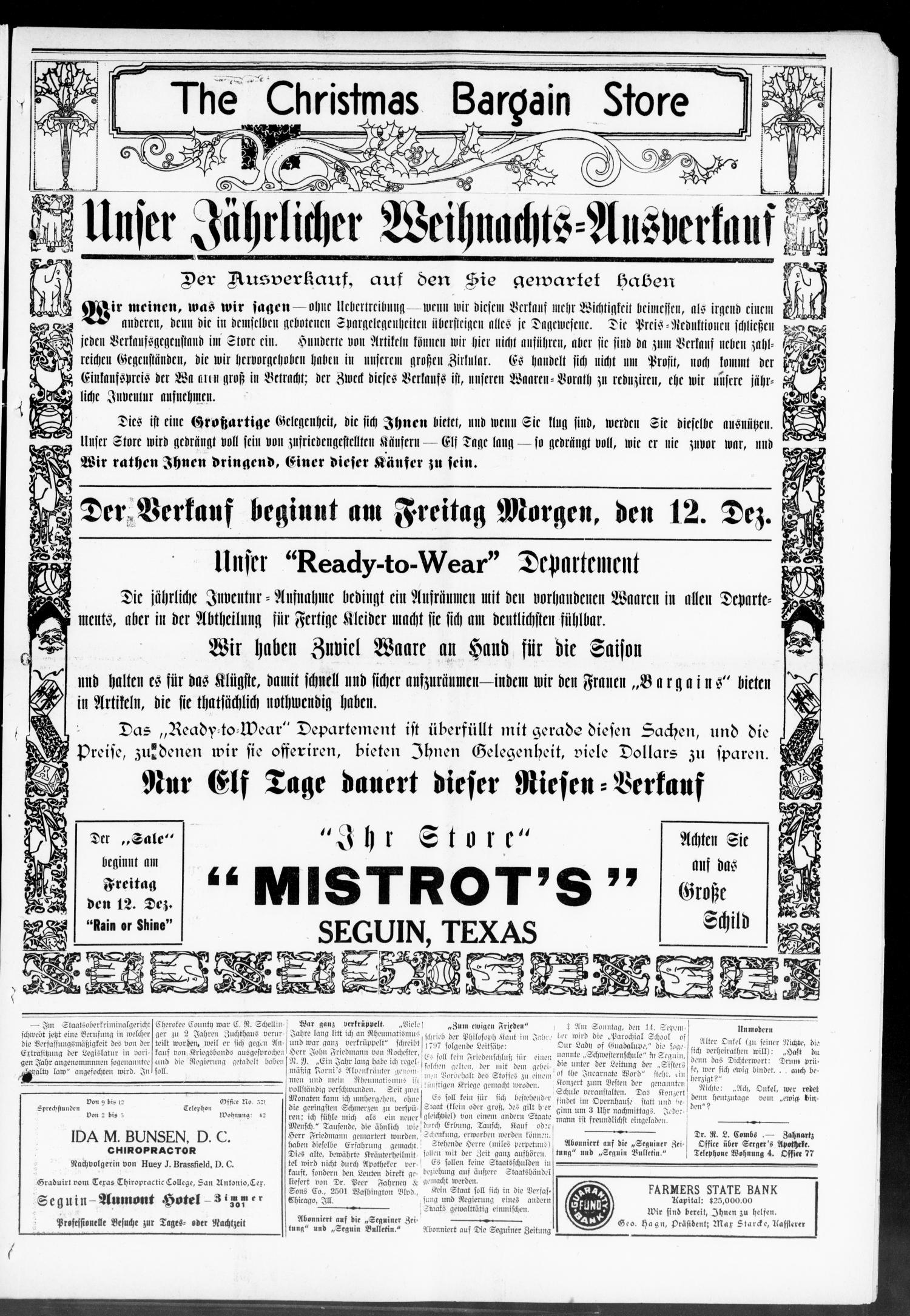 Seguiner Zeitung. (Seguin, Tex.), Vol. 29, No. 17, Ed. 1 Thursday, December 11, 1919
                                                
                                                    [Sequence #]: 5 of 8
                                                