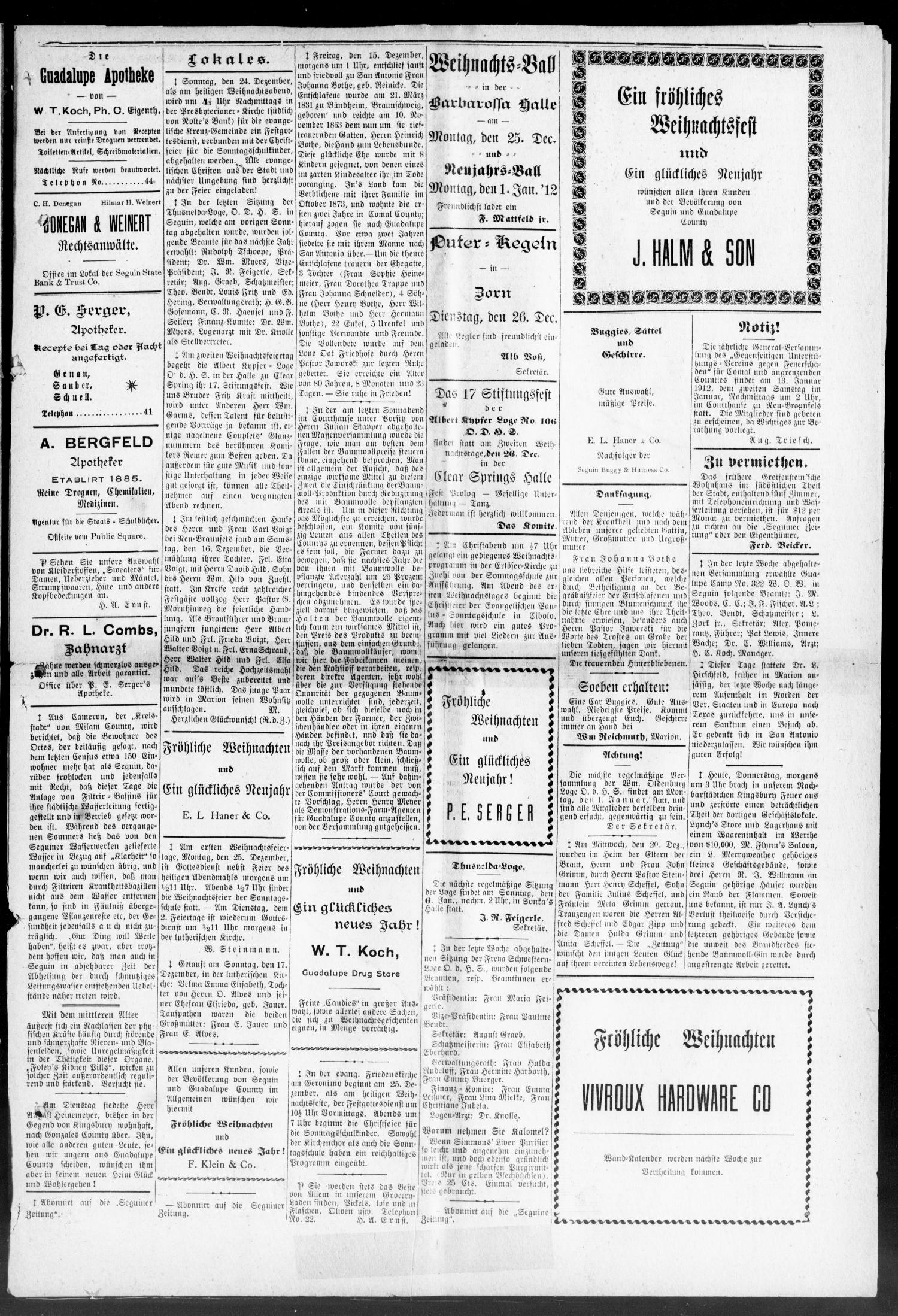 Seguiner Zeitung. (Seguin, Tex.), Vol. 21, No. 18, Ed. 1 Thursday, December 21, 1911
                                                
                                                    [Sequence #]: 5 of 8
                                                