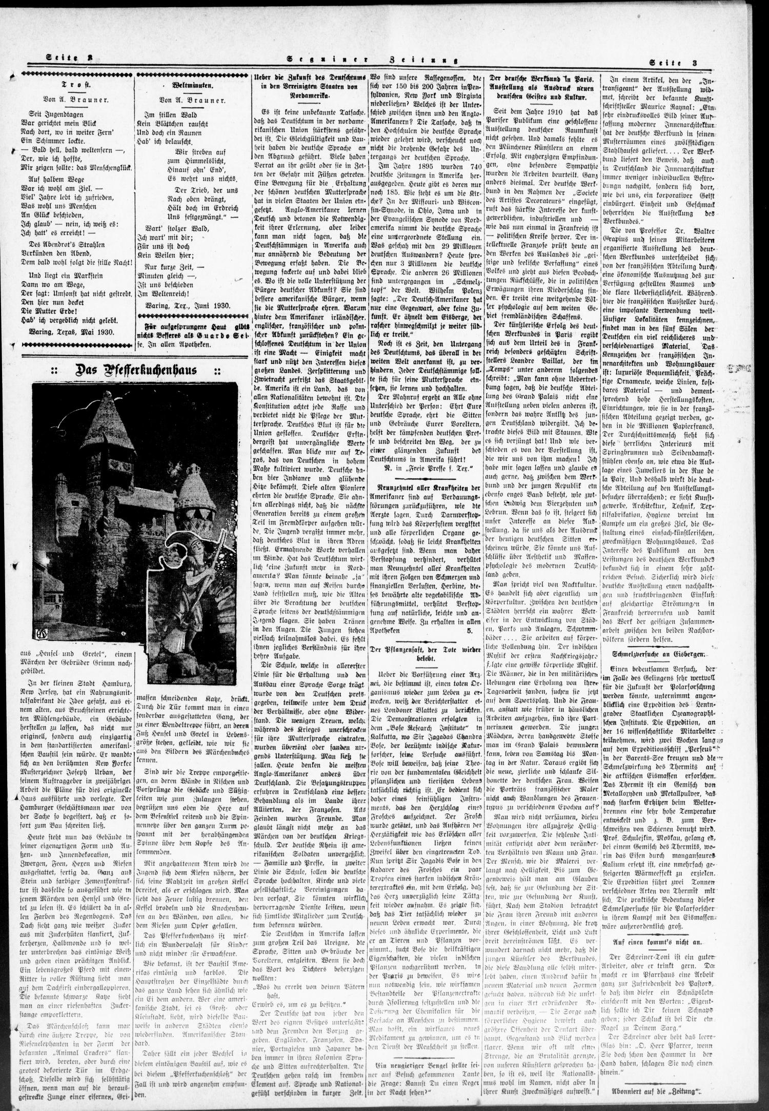 Seguiner Zeitung. (Seguin, Tex.), Vol. 39, No. 48, Ed. 1 Thursday, July 17, 1930
                                                
                                                    [Sequence #]: 3 of 8
                                                