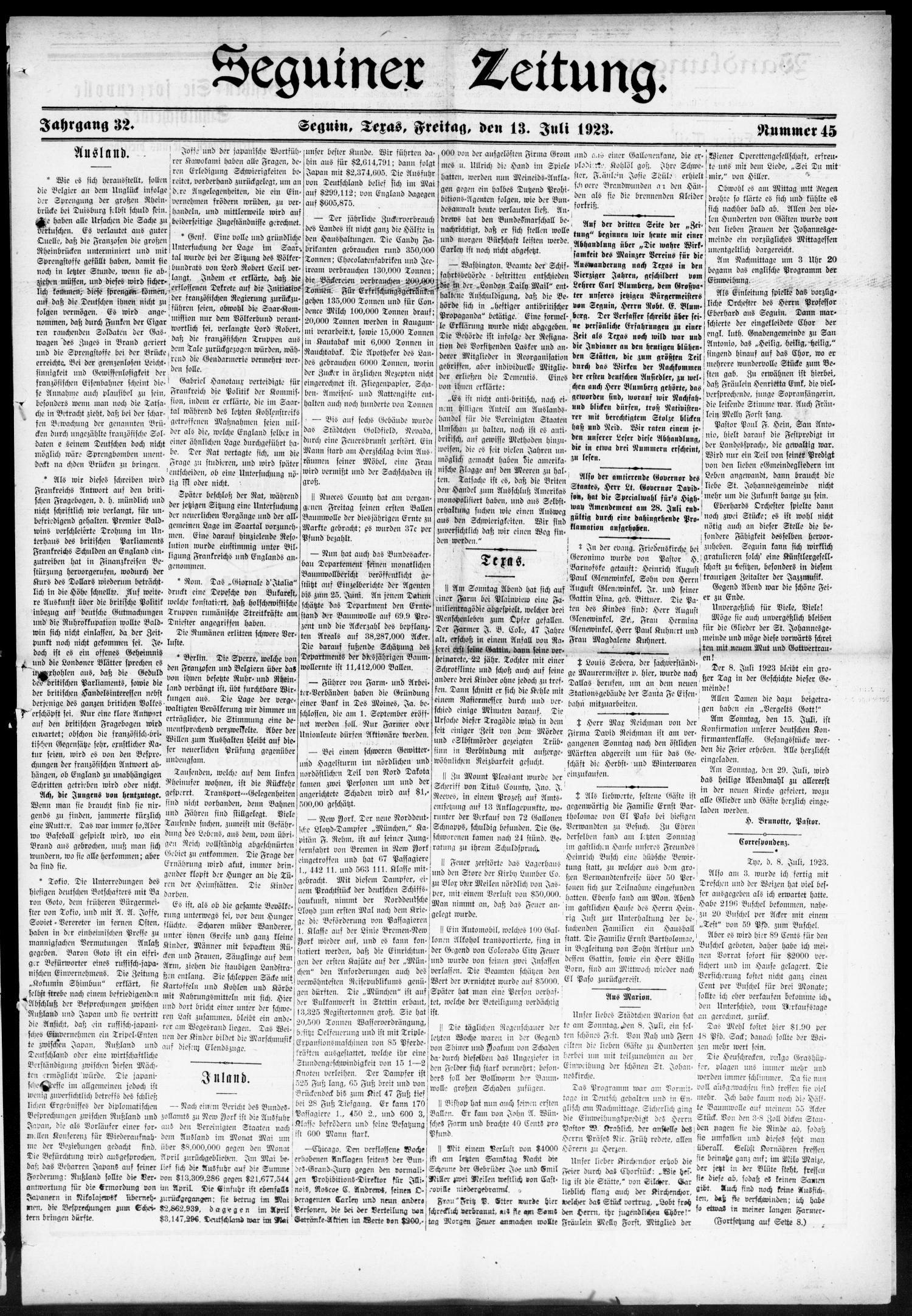 Seguiner Zeitung. (Seguin, Tex.), Vol. 32, No. 45, Ed. 1 Friday, July 13, 1923
                                                
                                                    [Sequence #]: 1 of 8
                                                