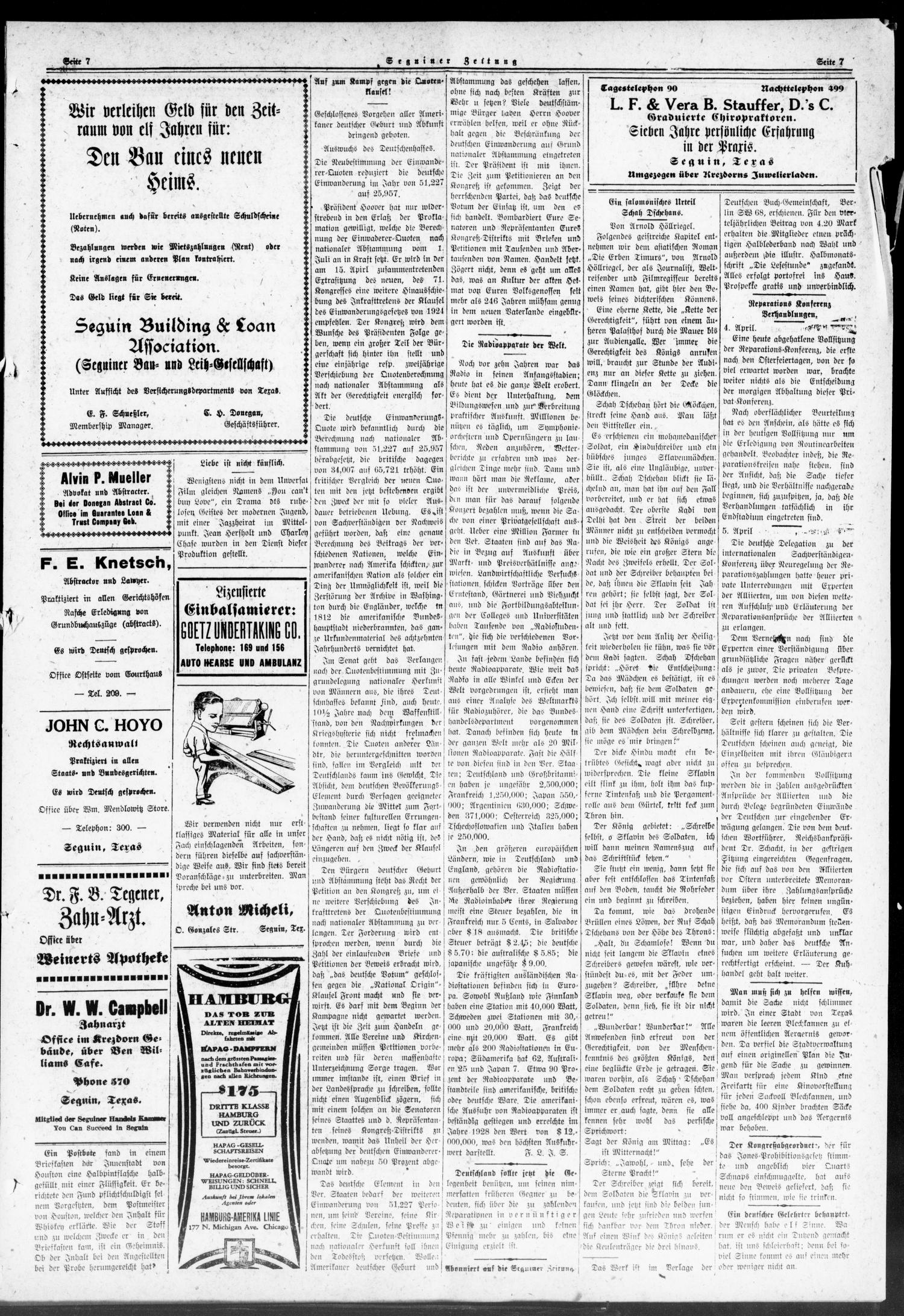 Seguiner Zeitung. (Seguin, Tex.), Vol. 38, No. 33, Ed. 1 Thursday, April 11, 1929
                                                
                                                    [Sequence #]: 7 of 8
                                                