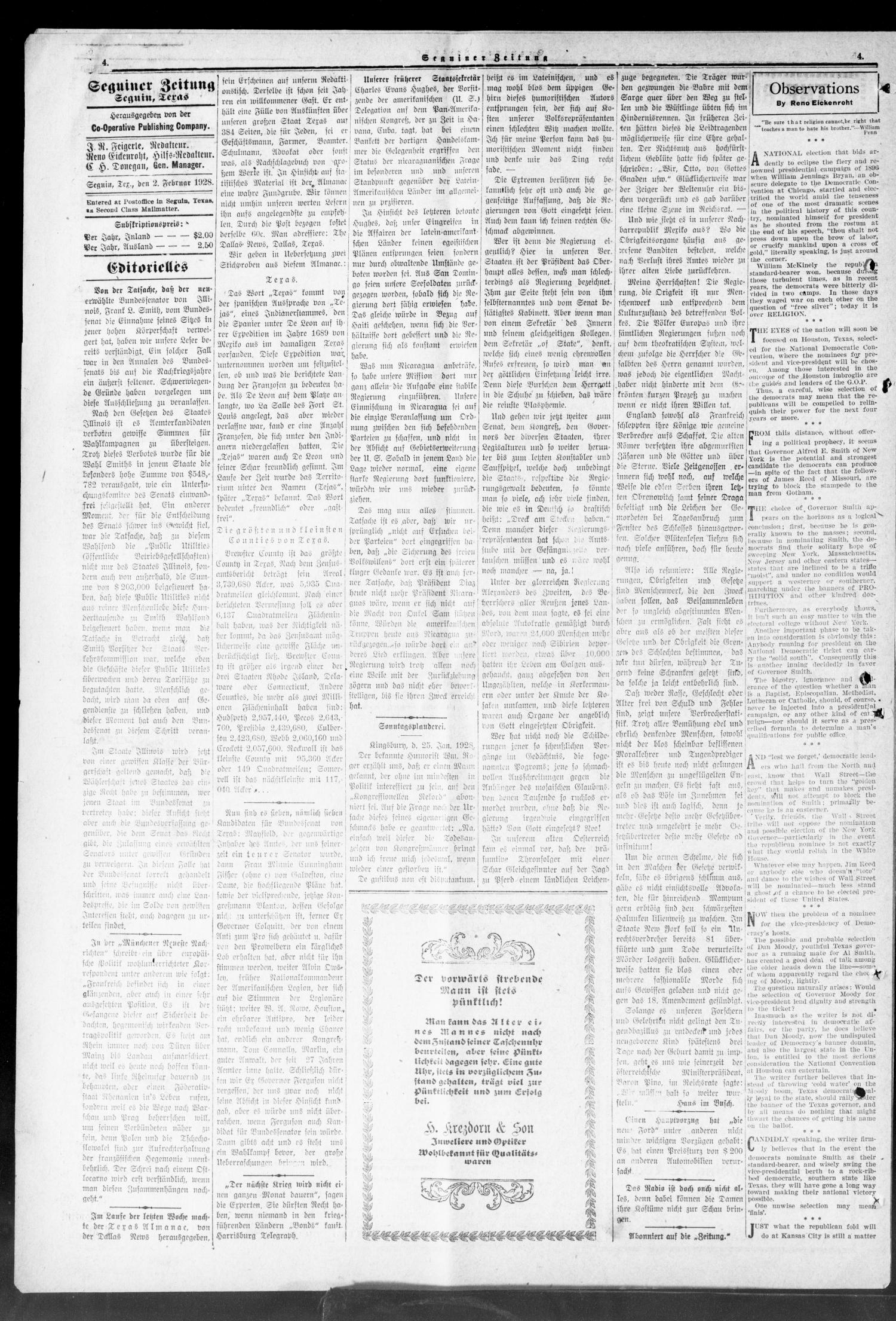 Seguiner Zeitung. (Seguin, Tex.), Vol. 37, No. 23, Ed. 1 Thursday, February 2, 1928
                                                
                                                    [Sequence #]: 4 of 8
                                                