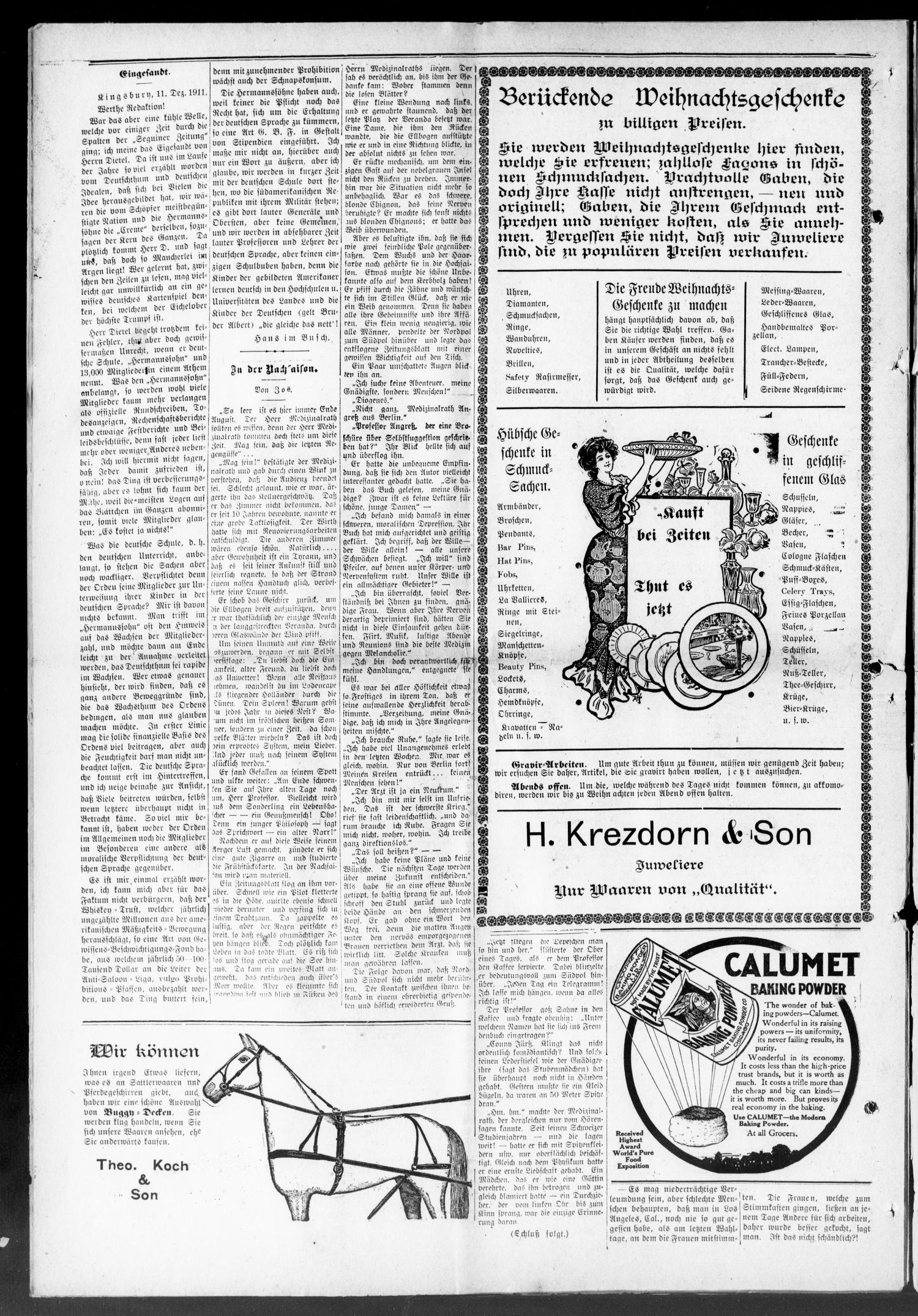 Seguiner Zeitung. (Seguin, Tex.), Vol. 21, No. 17, Ed. 1 Thursday, December 14, 1911
                                                
                                                    [Sequence #]: 4 of 10
                                                