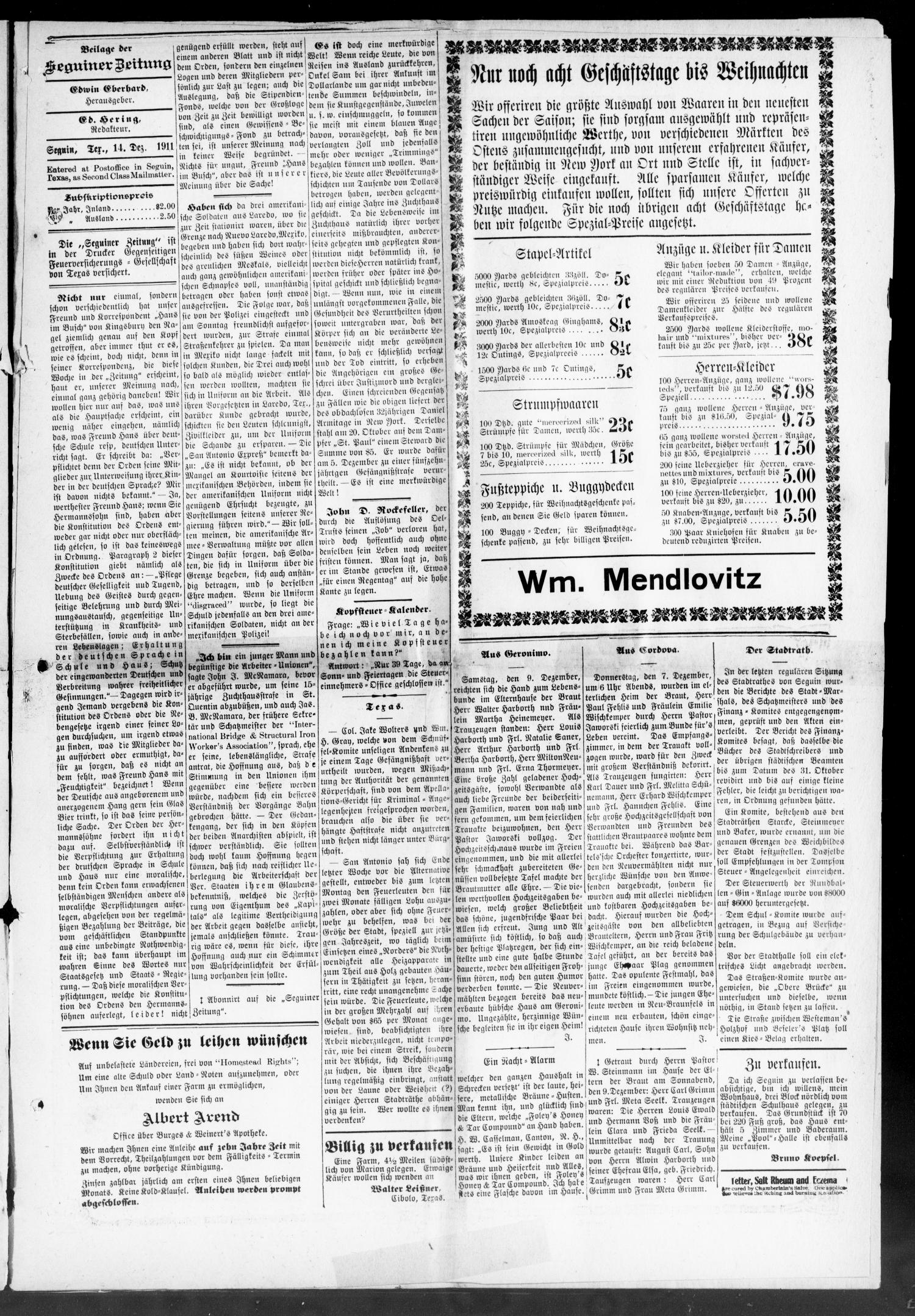 Seguiner Zeitung. (Seguin, Tex.), Vol. 21, No. 17, Ed. 1 Thursday, December 14, 1911
                                                
                                                    [Sequence #]: 7 of 10
                                                
