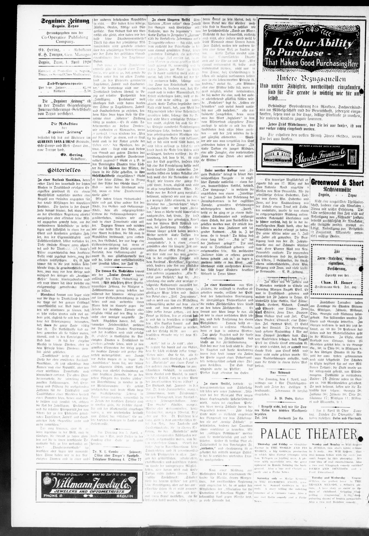 Seguiner Zeitung. (Seguin, Tex.), Vol. 29, No. 32, Ed. 1 Thursday, April 1, 1920
                                                
                                                    [Sequence #]: 4 of 8
                                                