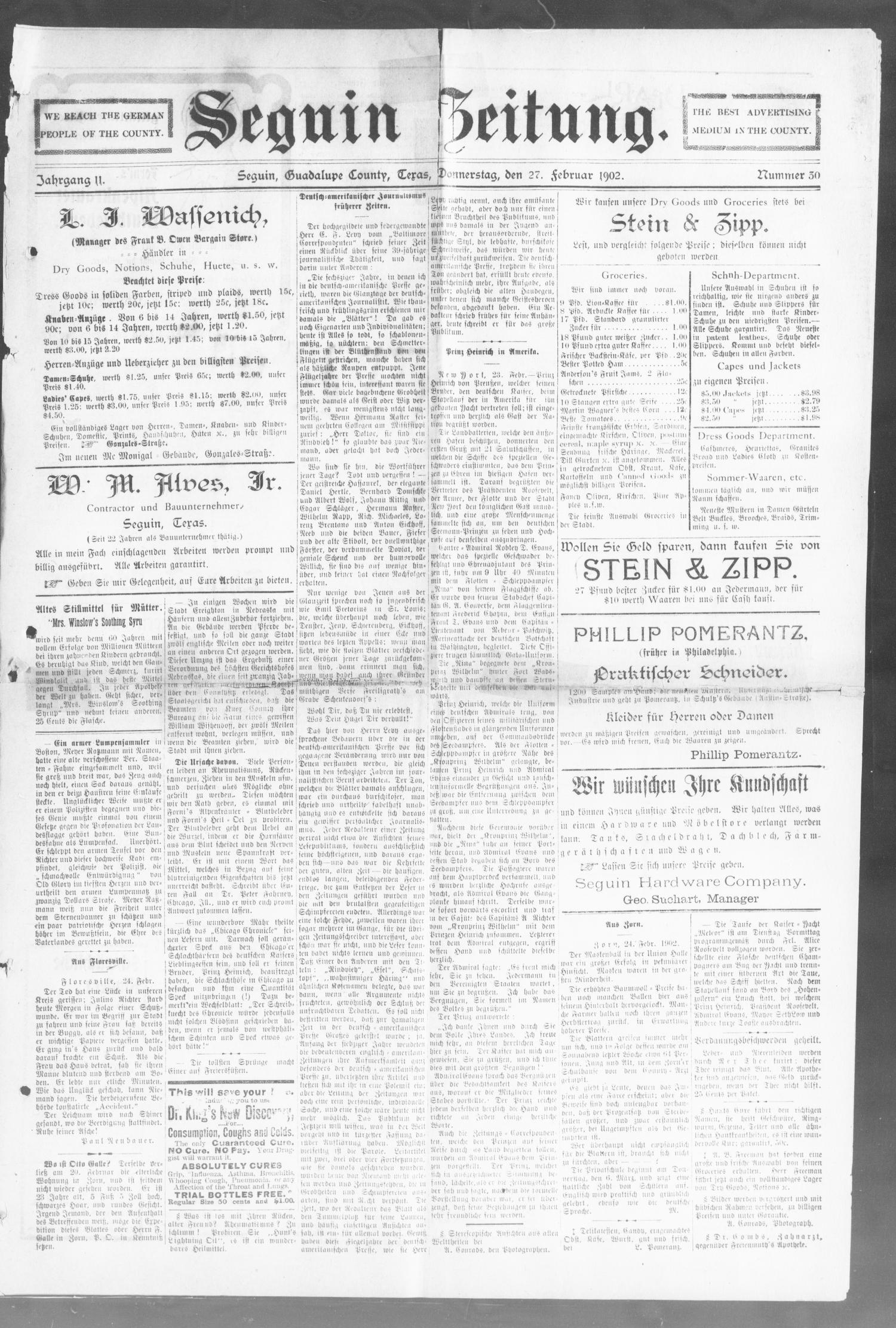 Seguin Zeitung. (Seguin, Tex.), Vol. 11, No. 30, Ed. 1 Thursday, February 27, 1902
                                                
                                                    [Sequence #]: 1 of 8
                                                