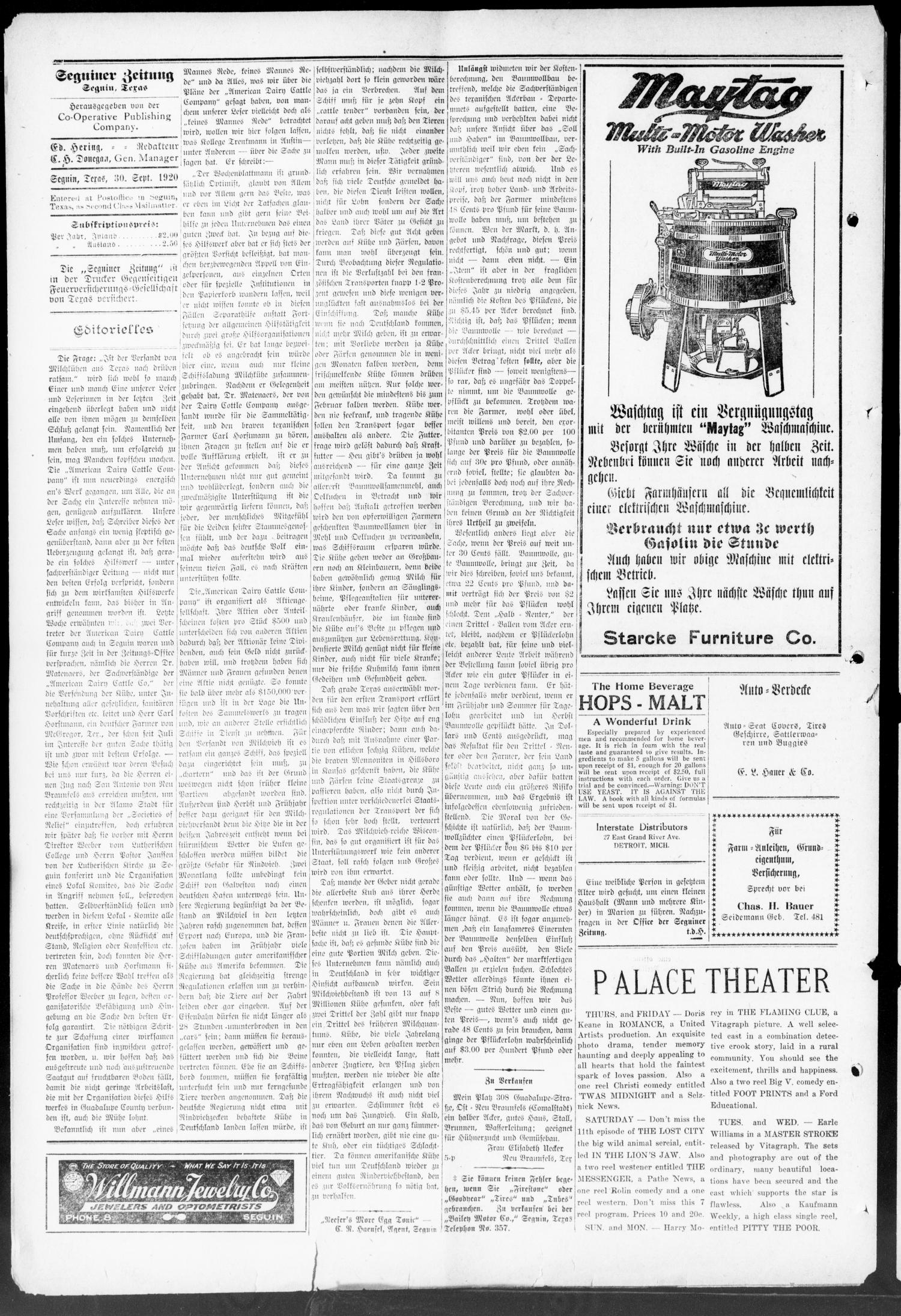 Seguiner Zeitung. (Seguin, Tex.), Vol. 30, No. 6, Ed. 1 Thursday, September 30, 1920
                                                
                                                    [Sequence #]: 4 of 8
                                                