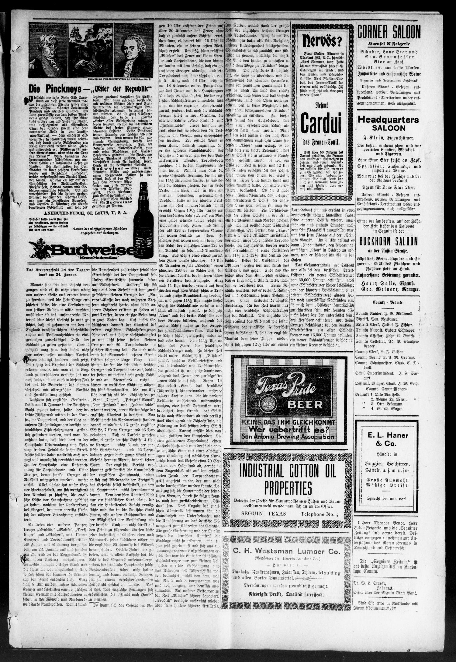 Seguiner Zeitung. (Seguin, Tex.), Vol. 25, No. 2, Ed. 1 Thursday, September 2, 1915
                                                
                                                    [Sequence #]: 3 of 8
                                                