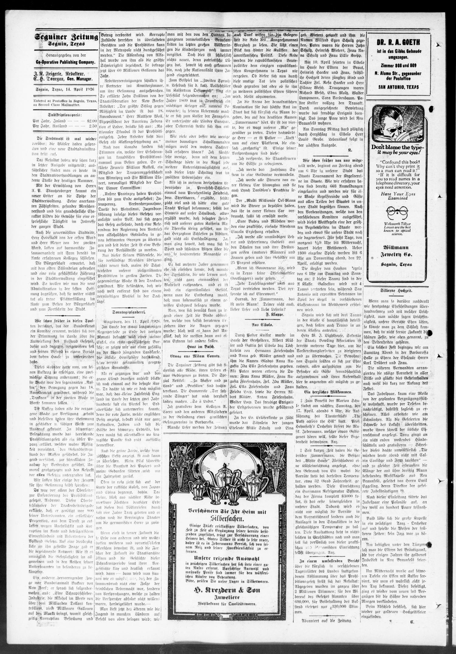 Seguiner Zeitung. (Seguin, Tex.), Vol. 35, No. 32, Ed. 1 Wednesday, April 14, 1926
                                                
                                                    [Sequence #]: 4 of 8
                                                