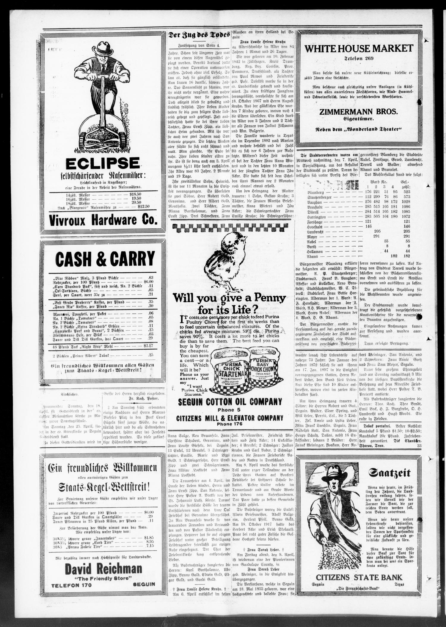 Seguiner Zeitung. (Seguin, Tex.), Vol. 35, No. 32, Ed. 1 Wednesday, April 14, 1926
                                                
                                                    [Sequence #]: 8 of 8
                                                