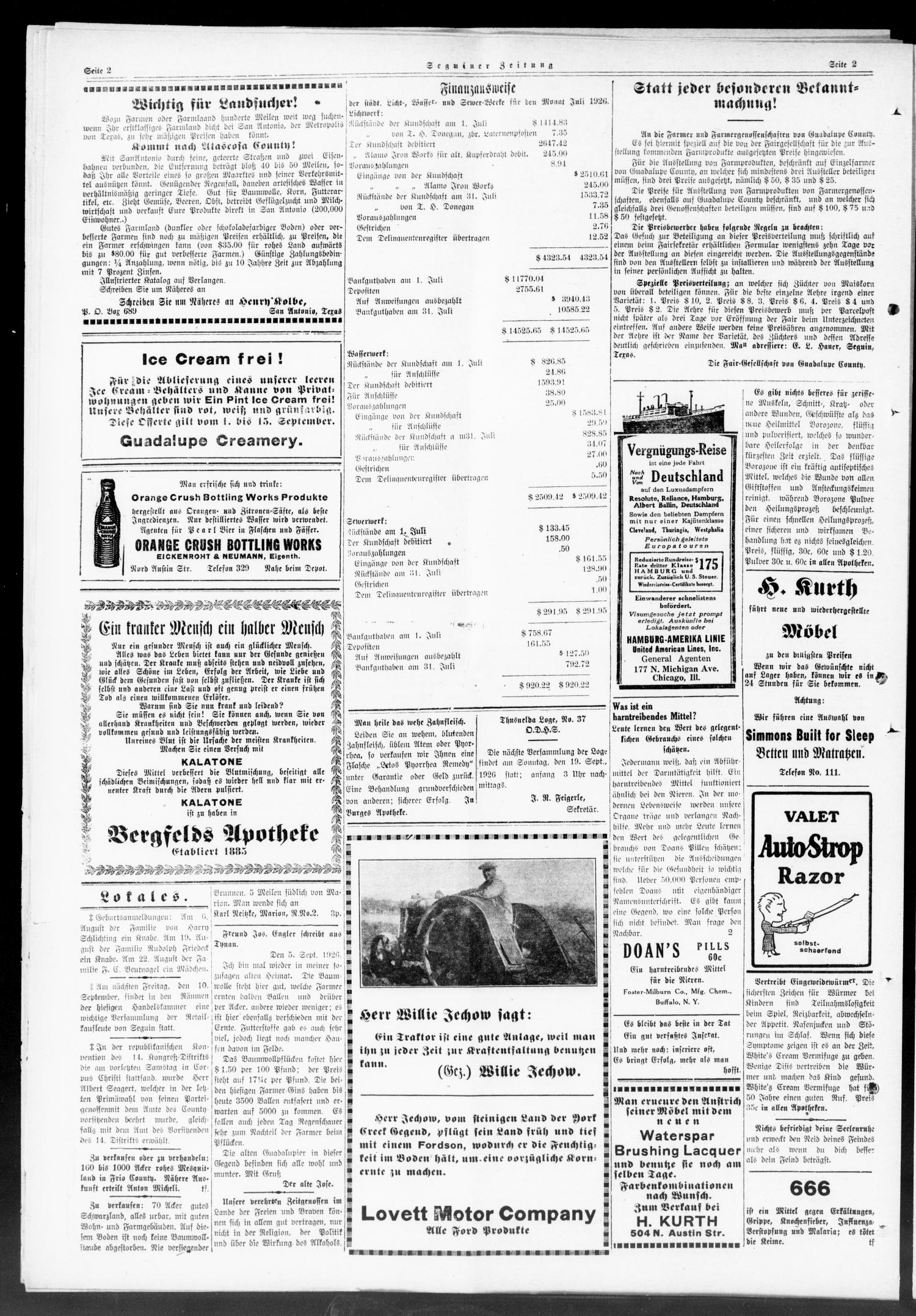 Seguiner Zeitung. (Seguin, Tex.), Vol. 36, No. 3, Ed. 1 Wednesday, September 8, 1926
                                                
                                                    [Sequence #]: 2 of 8
                                                