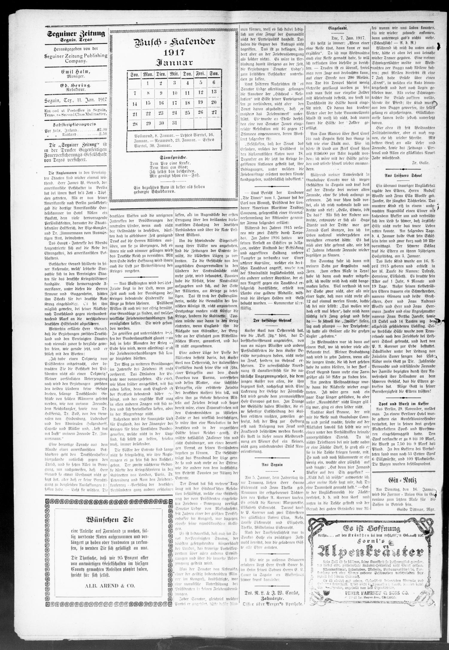 Seguiner Zeitung. (Seguin, Tex.), Vol. 26, No. 21, Ed. 1 Thursday, January 11, 1917
                                                
                                                    [Sequence #]: 4 of 10
                                                