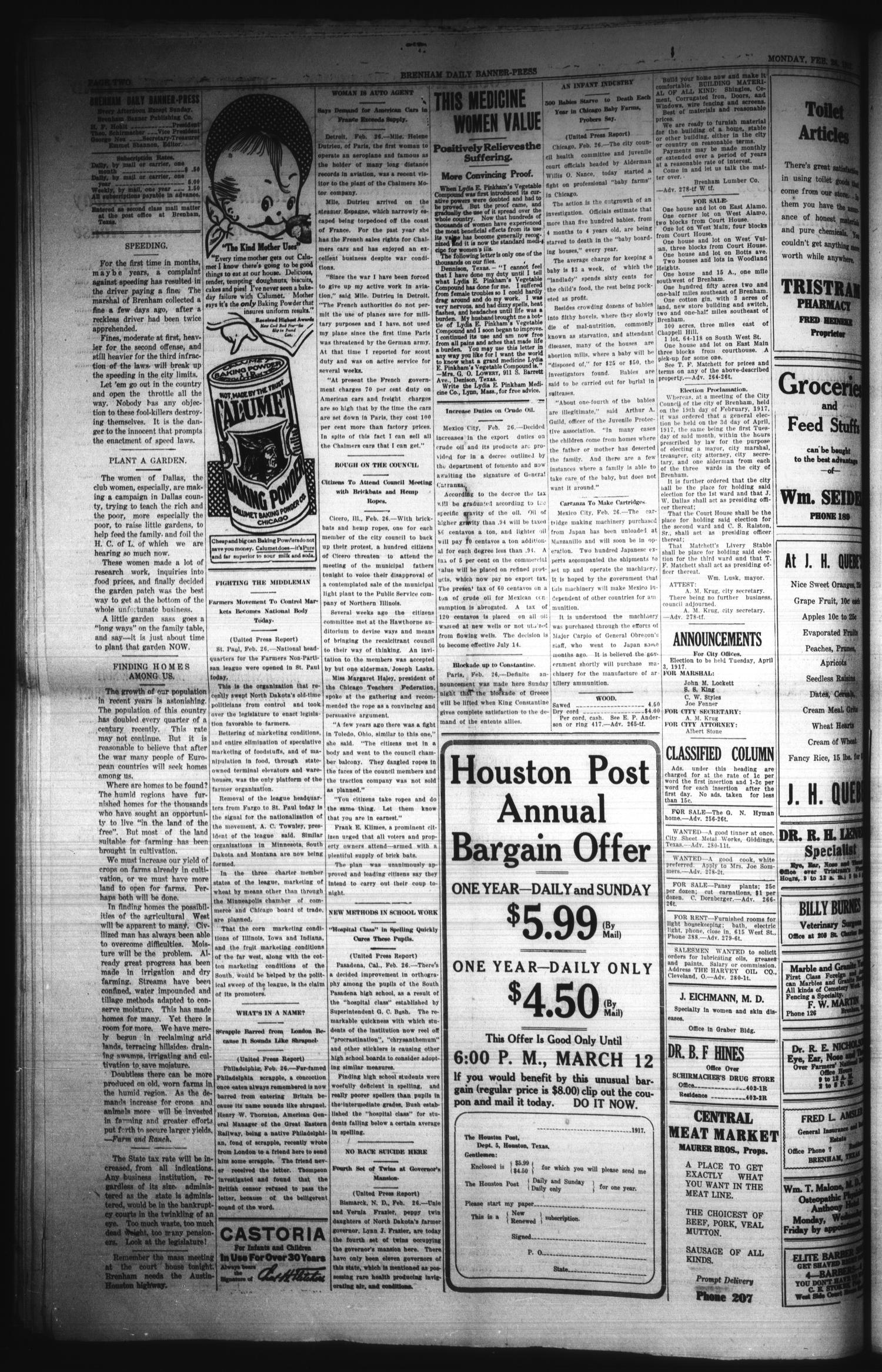Brenham Daily Banner-Press (Brenham, Tex.), Vol. 33, No. 280, Ed. 1 Monday, February 26, 1917
                                                
                                                    [Sequence #]: 2 of 4
                                                