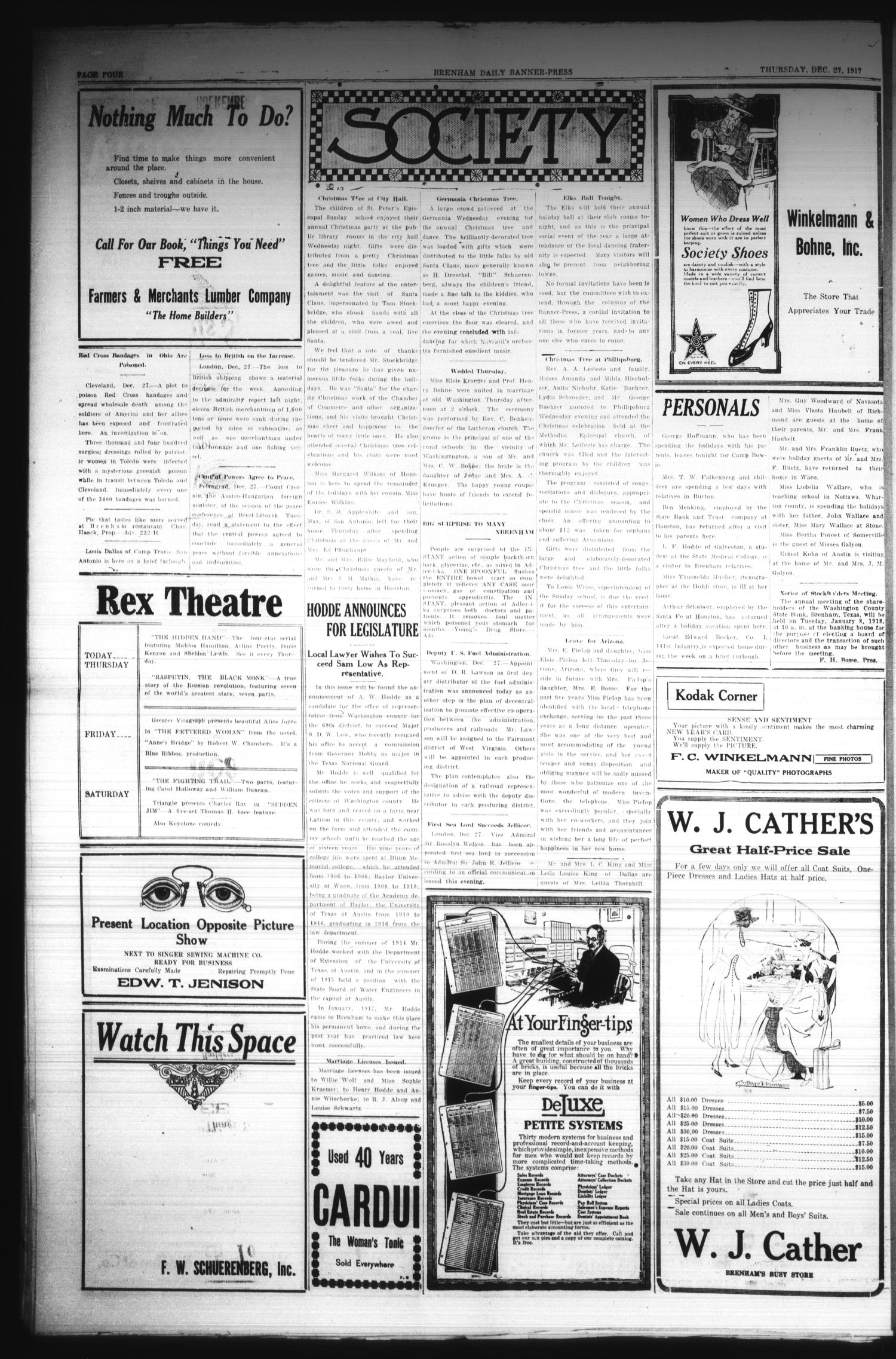 Brenham Daily Banner-Press (Brenham, Tex.), Vol. 34, No. 232, Ed. 1 Thursday, December 27, 1917
                                                
                                                    [Sequence #]: 4 of 4
                                                