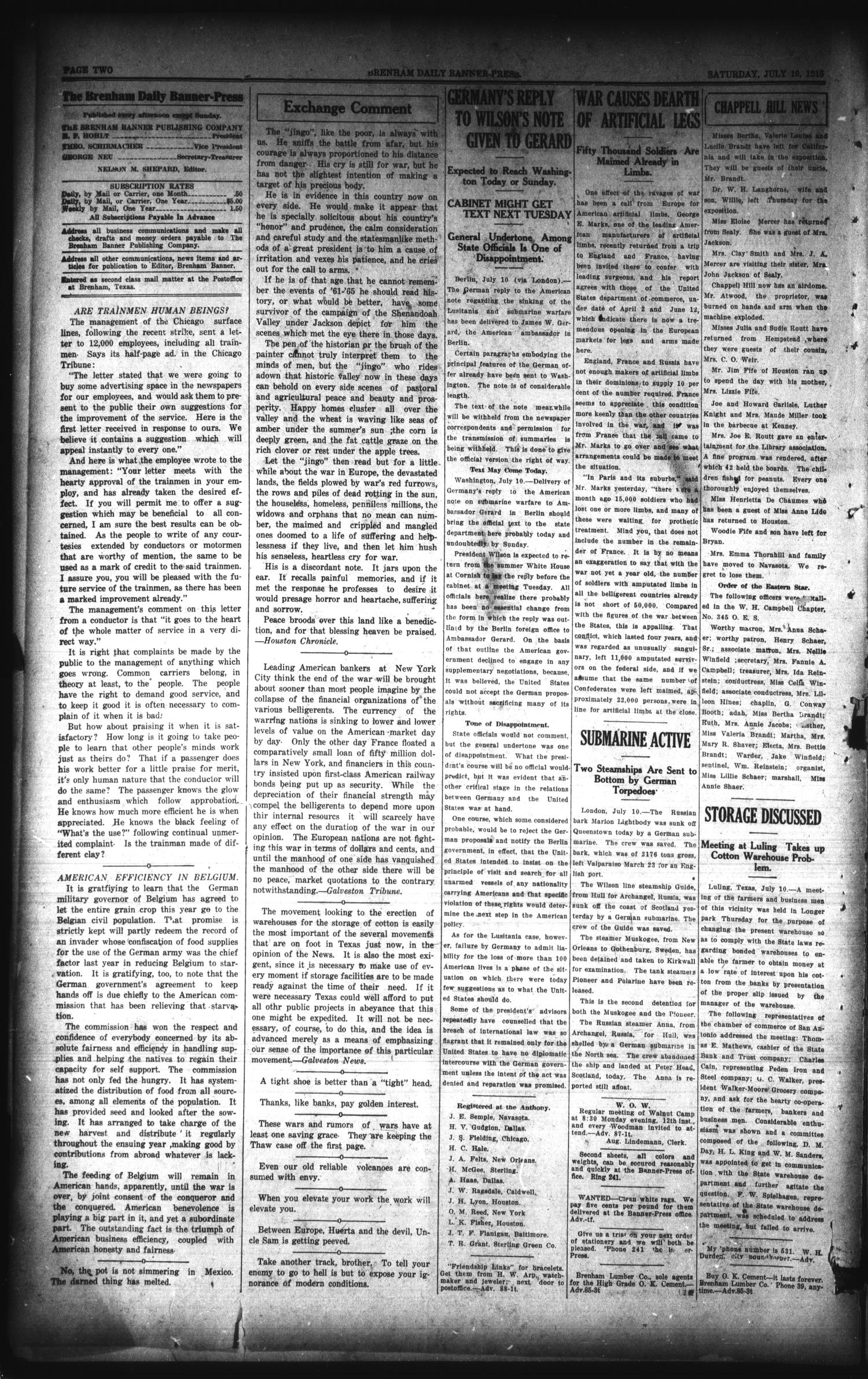 Brenham Daily Banner-Press (Brenham, Tex.), Vol. 32, No. 88, Ed. 1 Saturday, July 10, 1915
                                                
                                                    [Sequence #]: 2 of 6
                                                