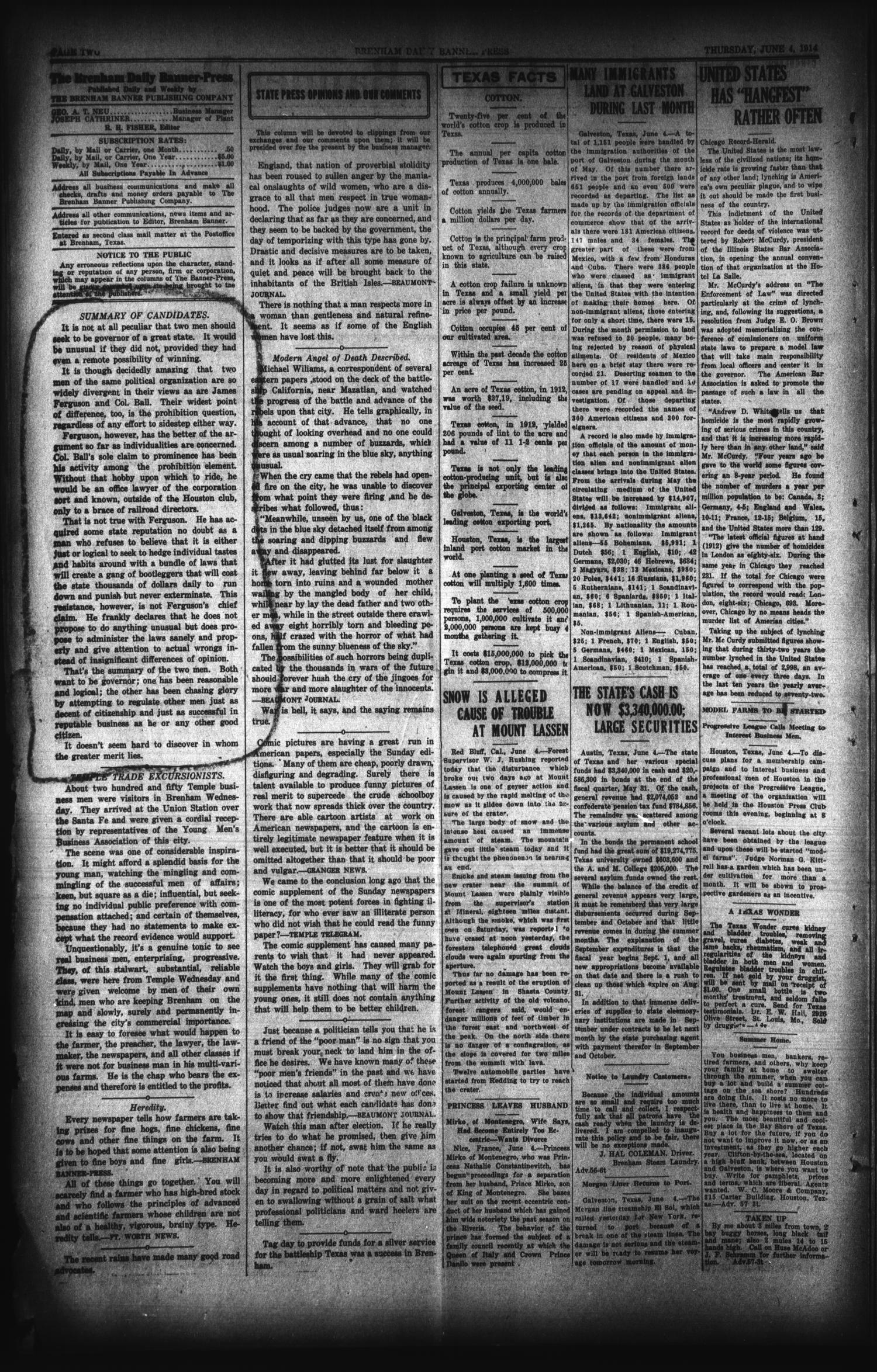 Brenham Daily Banner-Press (Brenham, Tex.), Vol. 31, No. 58, Ed. 1 Thursday, June 4, 1914
                                                
                                                    [Sequence #]: 2 of 8
                                                