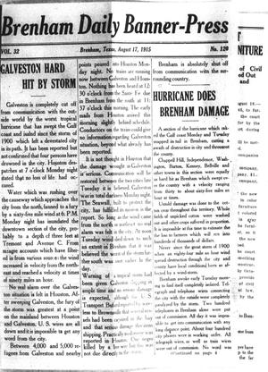 Primary view of object titled 'Brenham Daily Banner-Press (Brenham, Tex.), Vol. 32, No. 120, Ed. 1 Tuesday, August 17, 1915'.