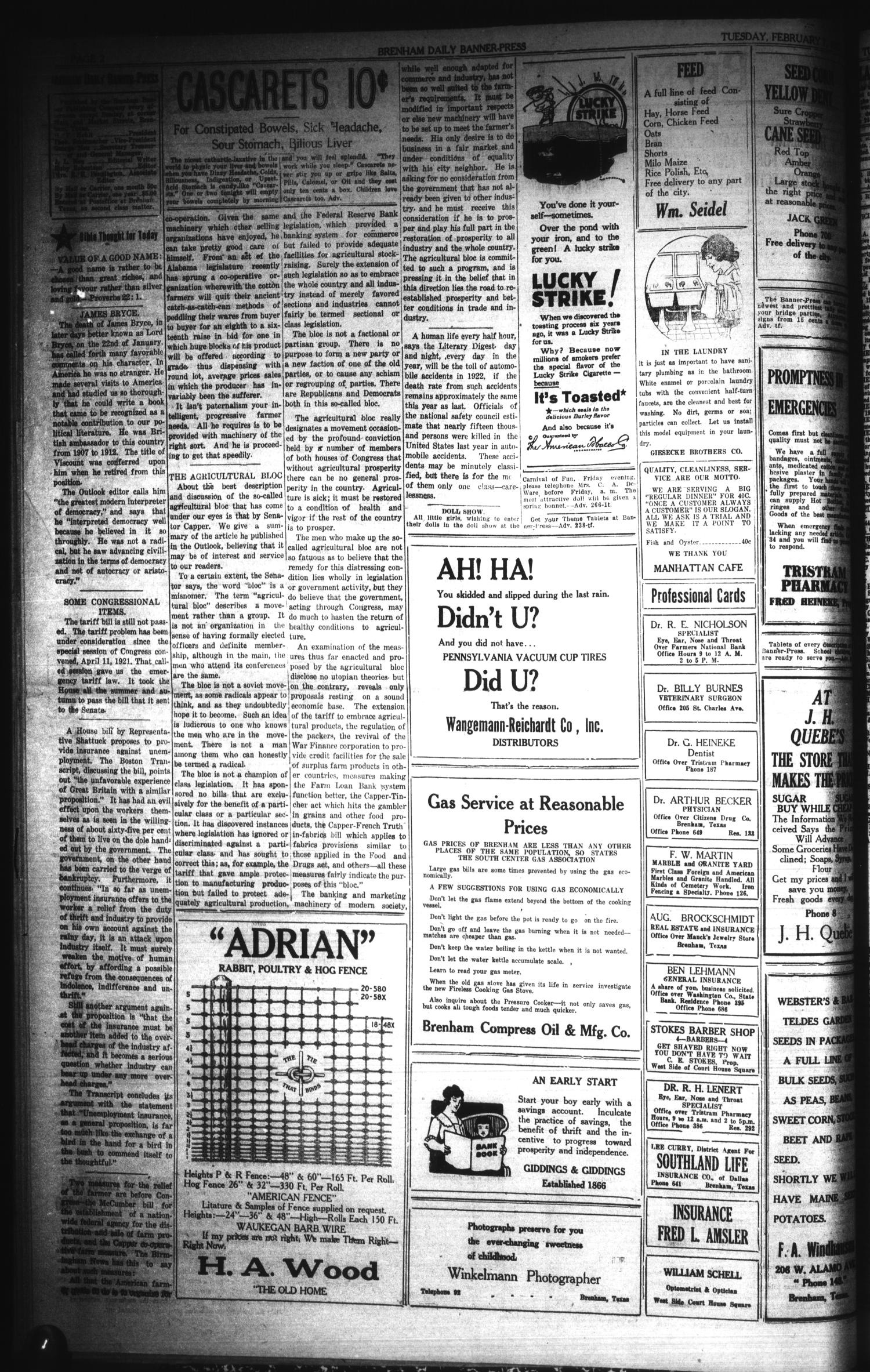 Brenham Daily Banner-Press (Brenham, Tex.), Vol. 38, No. 266, Ed. 1 Tuesday, February 7, 1922
                                                
                                                    [Sequence #]: 2 of 4
                                                