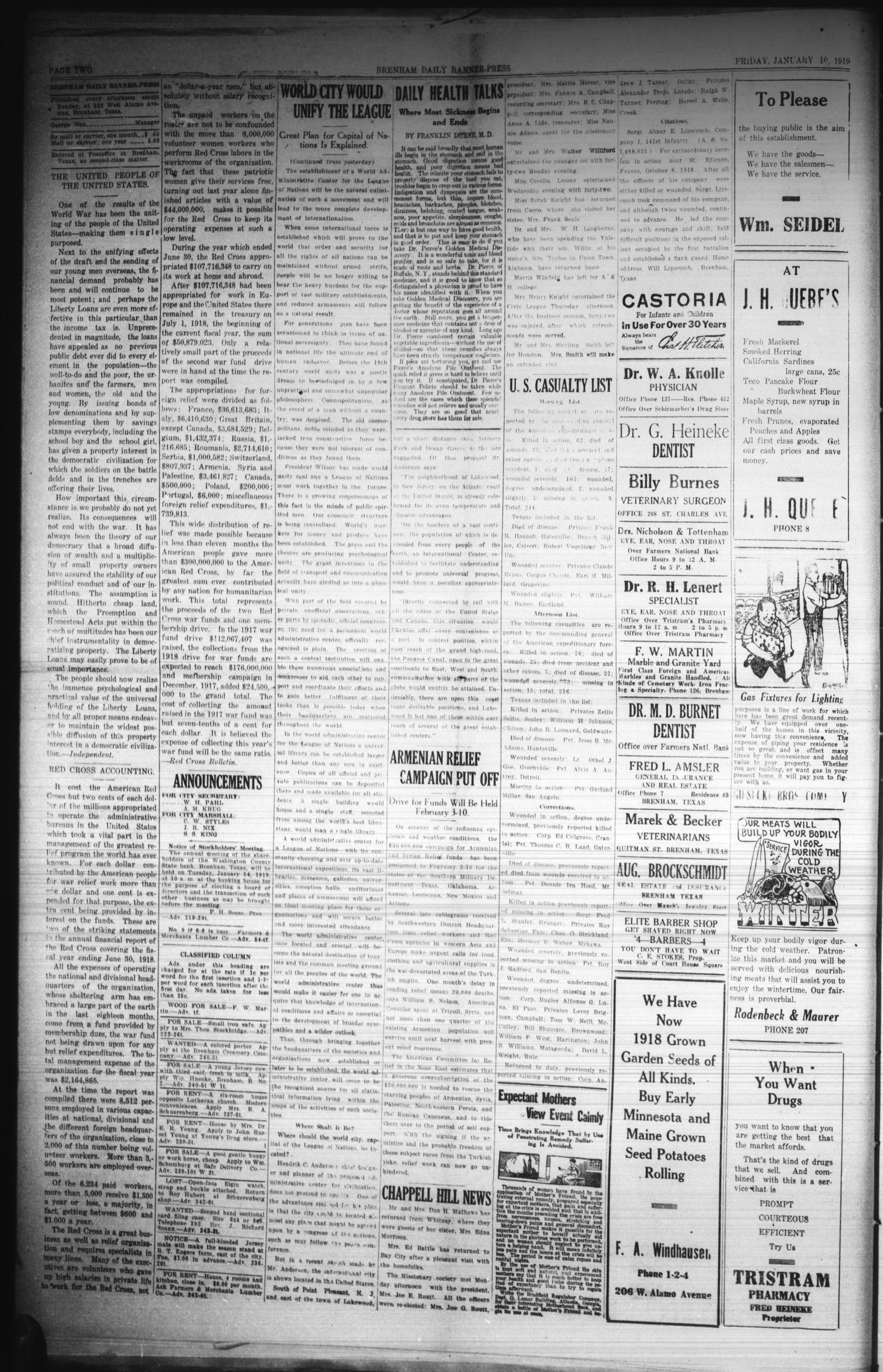 Brenham Daily Banner-Press (Brenham, Tex.), Vol. 35, No. 243, Ed. 1 Friday, January 10, 1919
                                                
                                                    [Sequence #]: 2 of 4
                                                