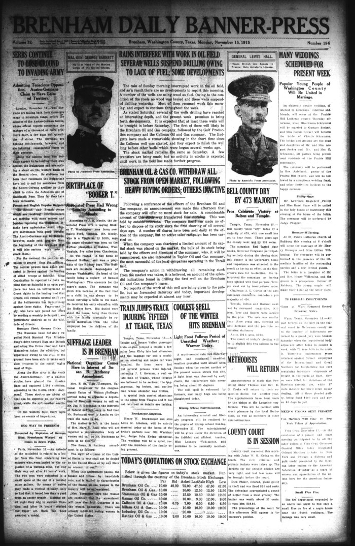 Brenham Daily Banner-Press (Brenham, Tex.), Vol. 32, No. 194, Ed. 1 Monday,  November 15, 1915 - The Portal to Texas History